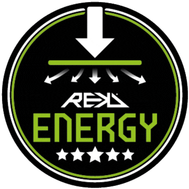 A circular logo with a black background, white and green text, and a white arrow pointing downward. The text reads "REAL ENERGY" with five stars below.