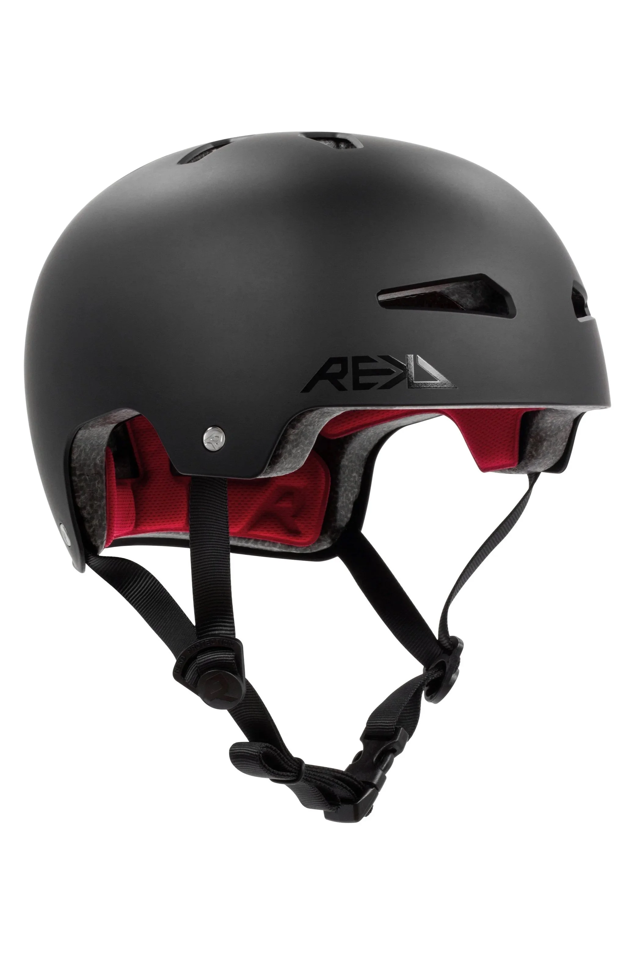 Black bike helmet with red interior padding and adjustable straps.