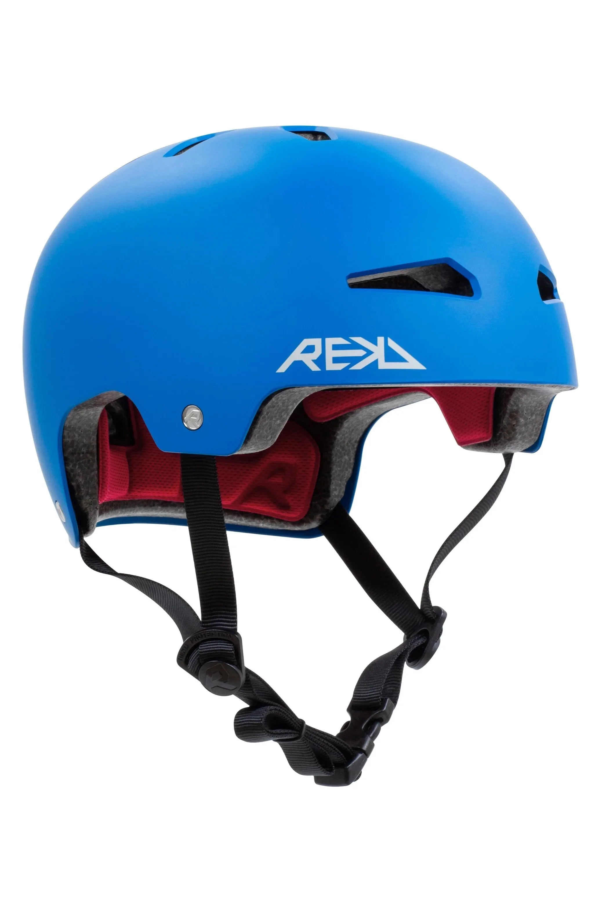 Blue ski or snowboarding helmet with black adjustable straps and red interior padding.