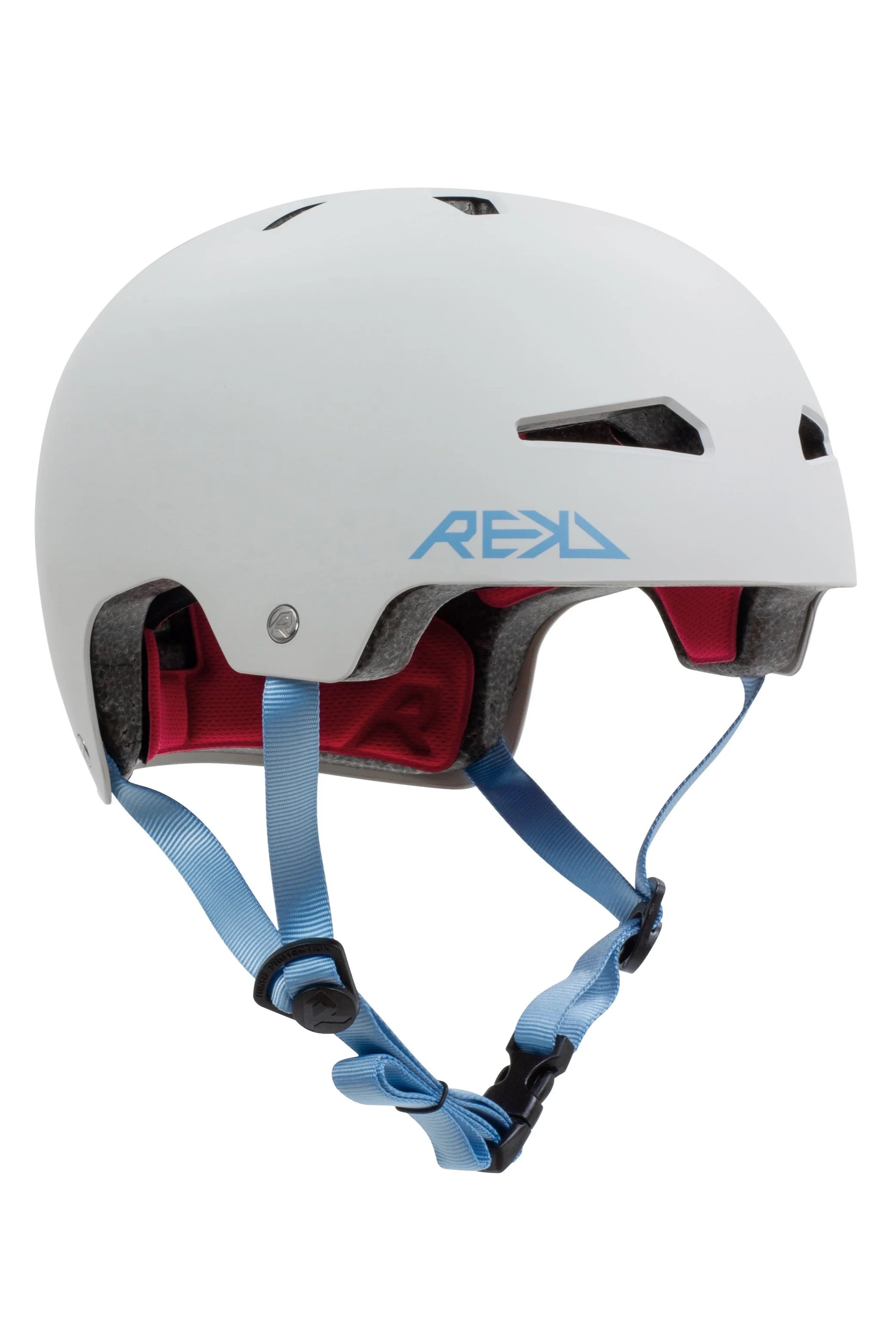A white protective helmet with ventilation vents and adjustable blue straps.