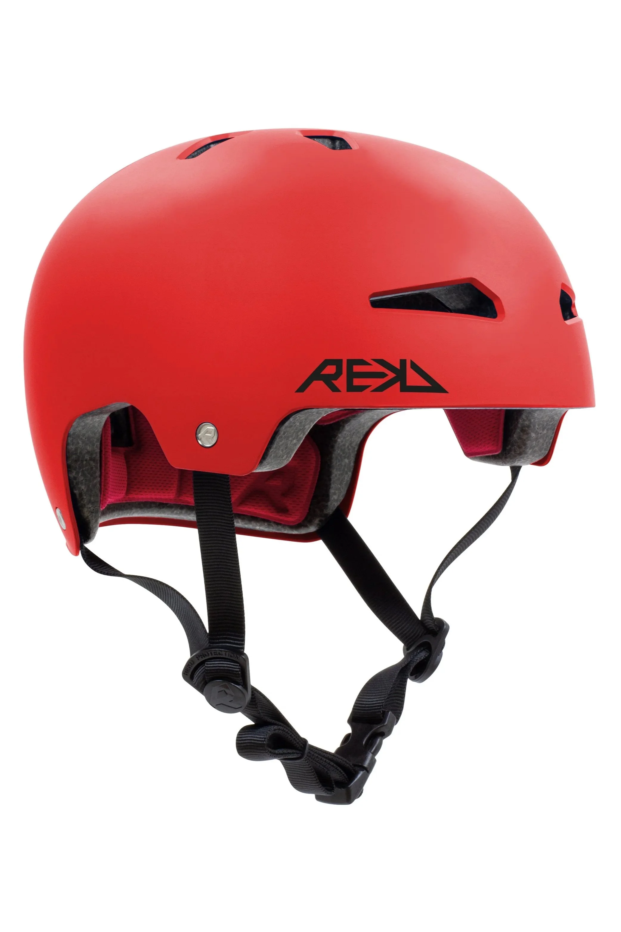 Red protective helmet with black ventilation holes and adjustable chin straps, branded with the logo 'REKD'.