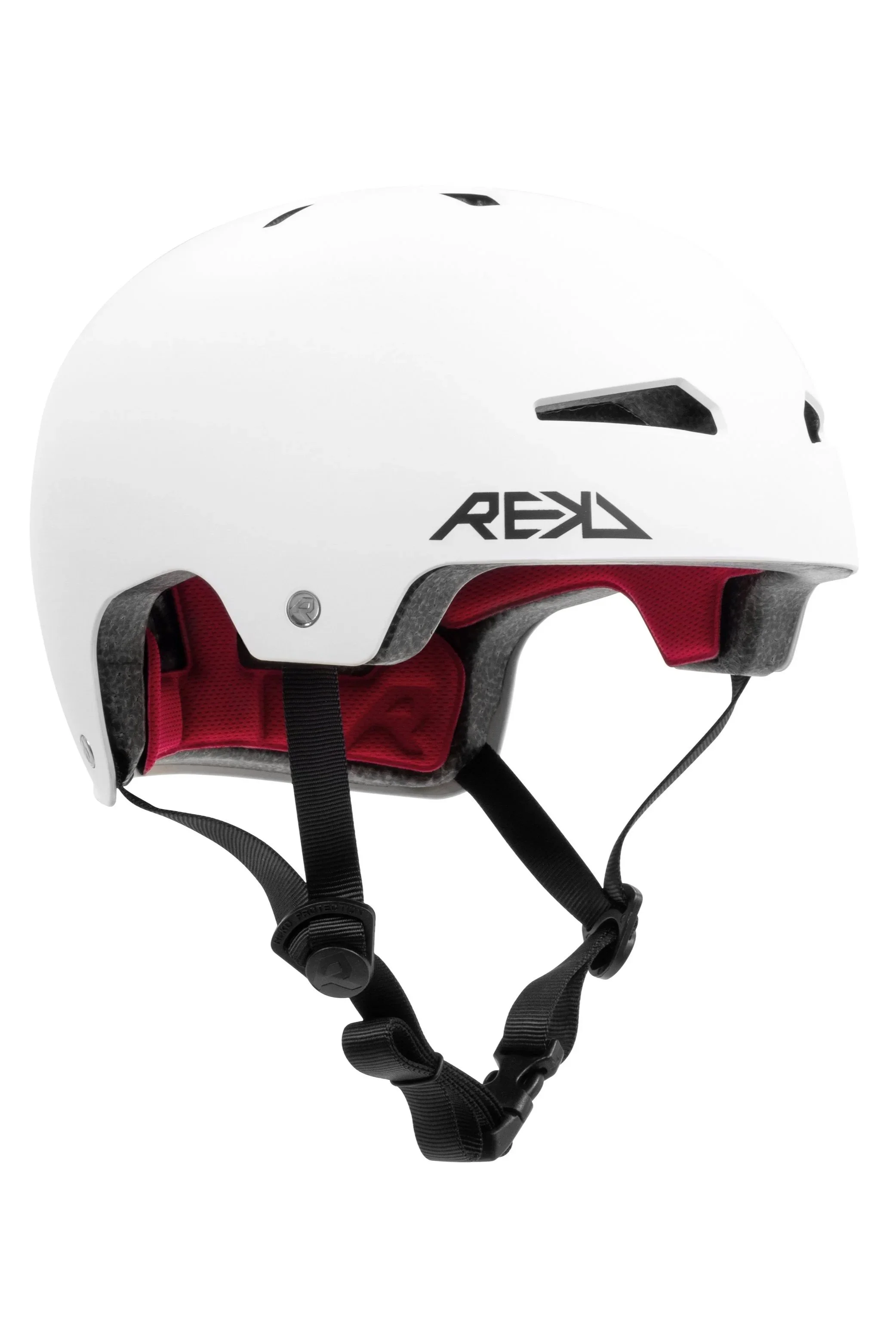A white bicycle helmet with black and red interior padding, black straps, and black ventilation openings, with a logo reading 'REKD' on the side.