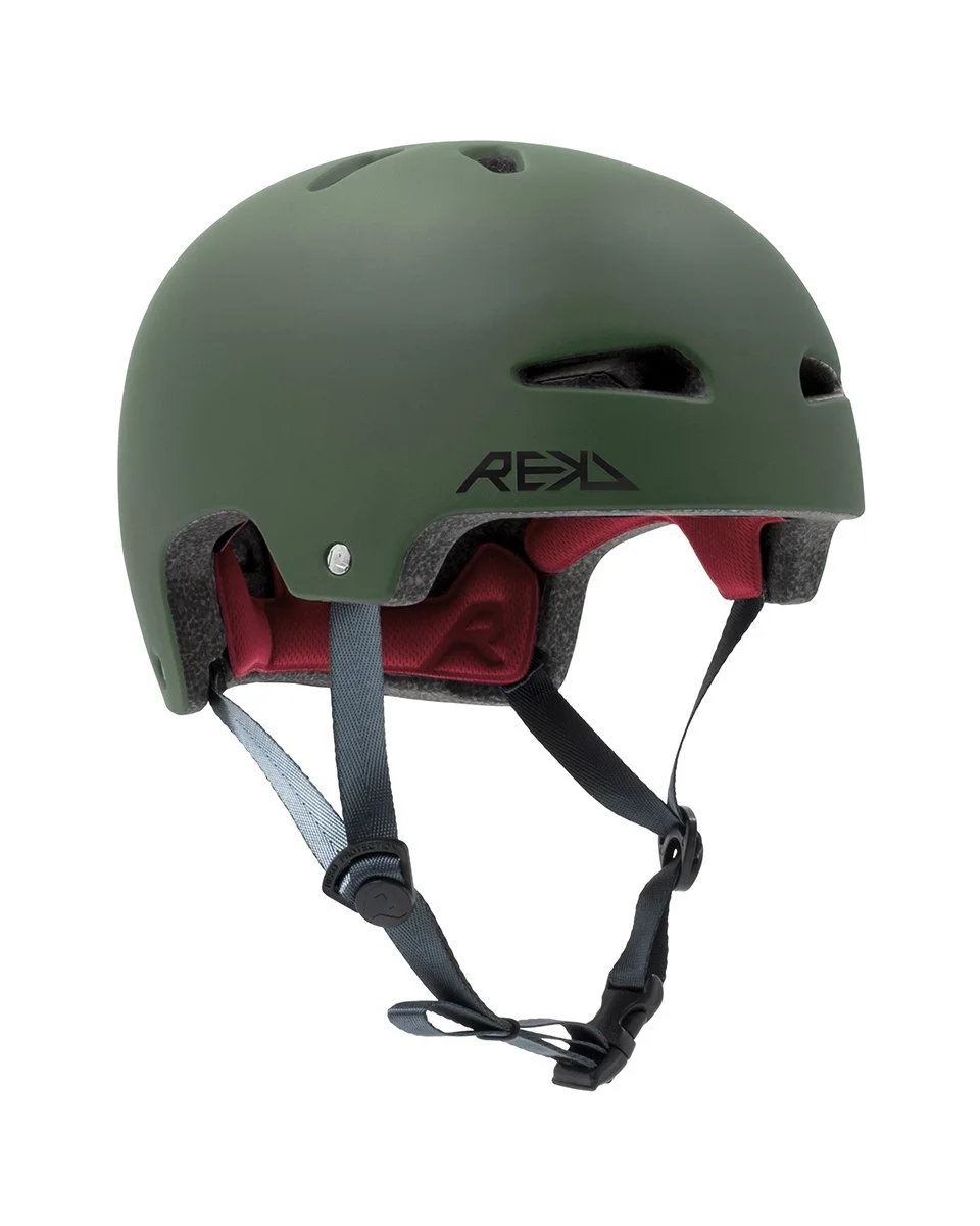 Green bike helmet with black straps and red interior padding.
