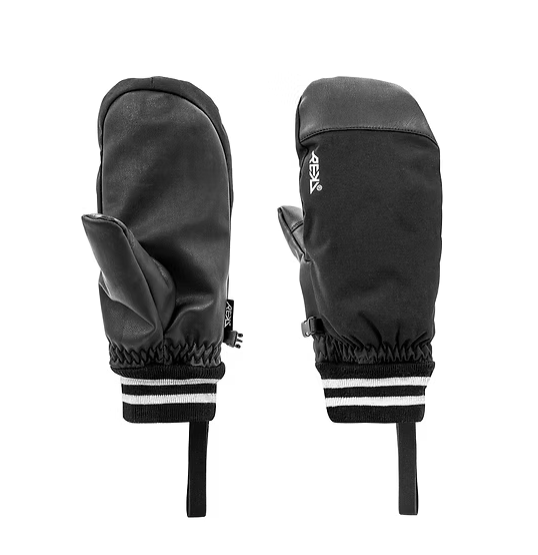 Black winter mittens with a striped cuff, one mitten showing the palm side and the other showing the back side.