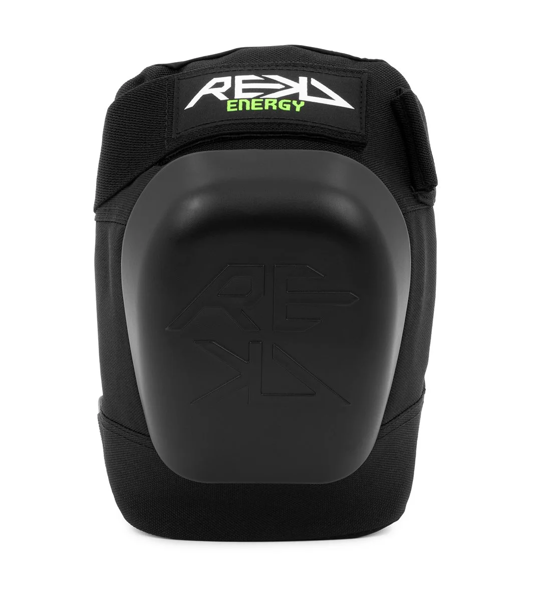 Black Knee Pad with a large padded back panel and a patch that says REKD ENERGY in white and green letters.