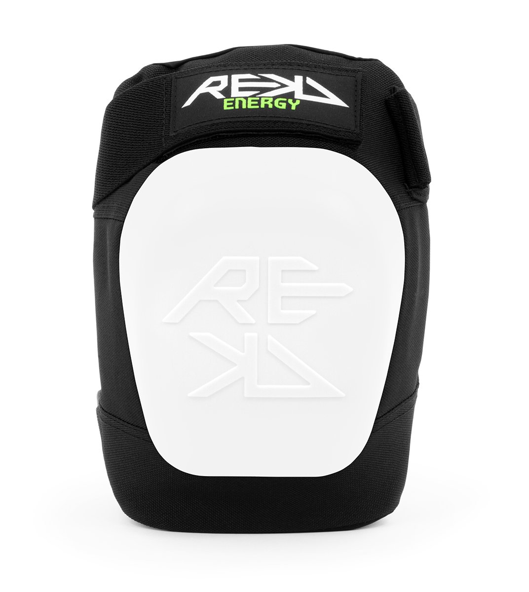 Black knee pad with a white front panel featuring an embossed REKD logo, and a top patch with REKD ENERGY in white and green.