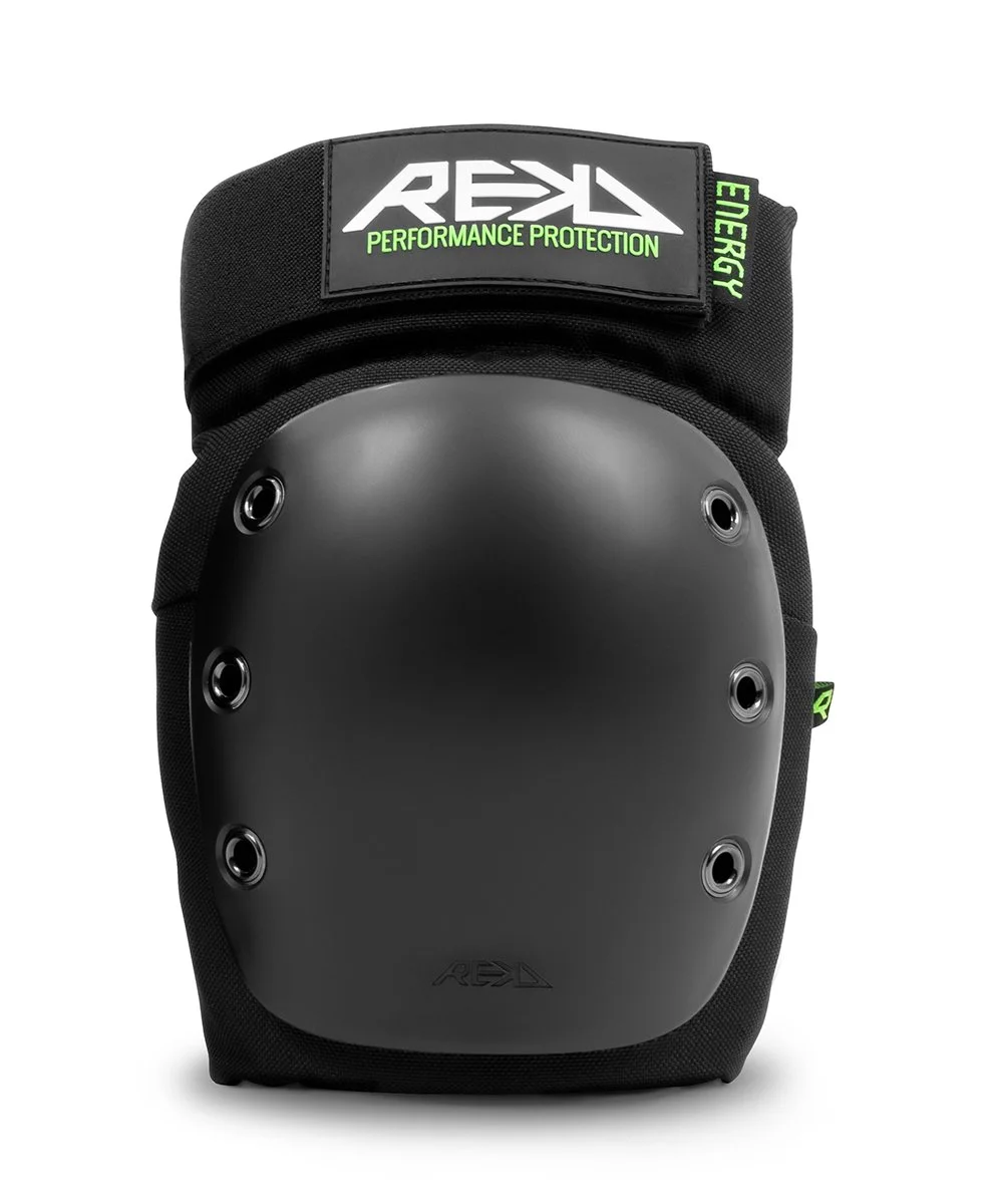 A black knee pad with a large black protective pad and green accents, labeled 'REKD Performance Protection' and 'Energy'.