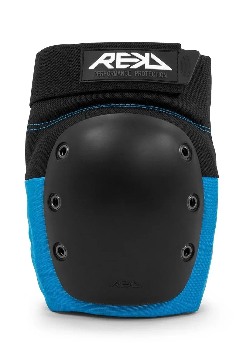 A knee pad with a black hard shell and blue and black fabric straps, labeled 'REKD Performance Protection'.