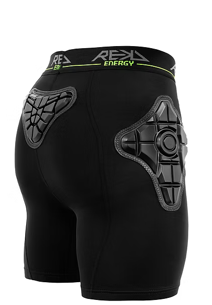 Black athletic shorts with padding and a neon yellow stripe on the waistband that says 'REKD' and 'Energy'