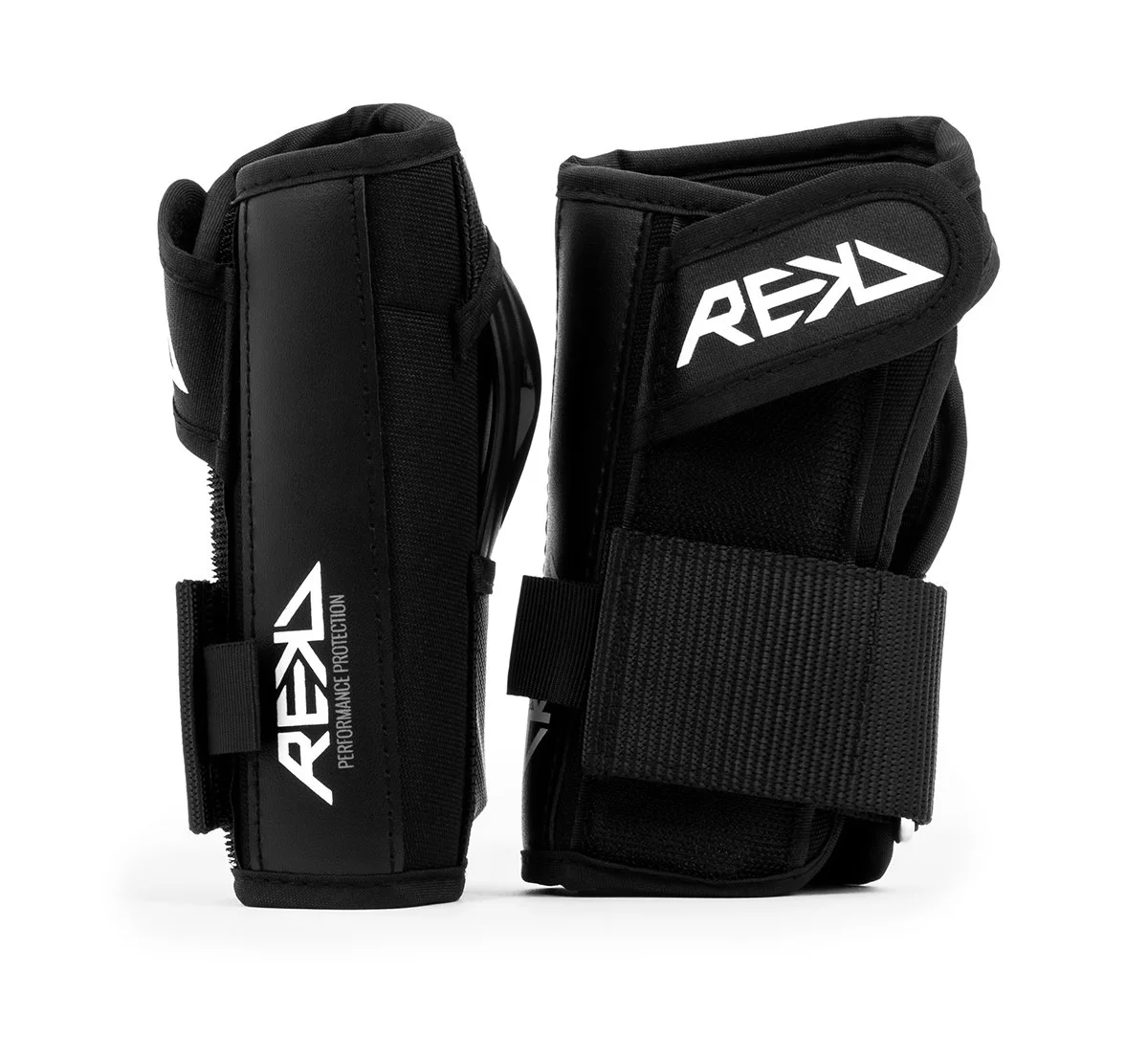 A pair of black sports shin guards with the REKD logo in white, designed for athletic protection.