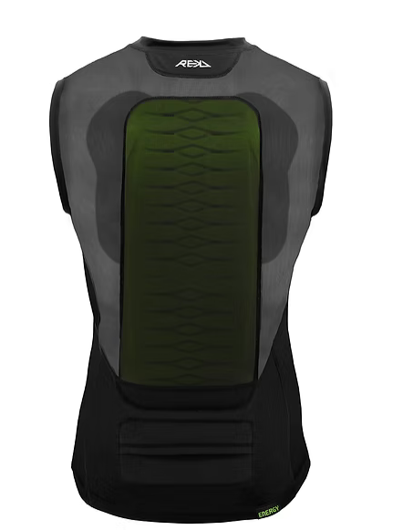 A black and gray protective vest with green padding on the front, designed for sports or outdoor activities.
