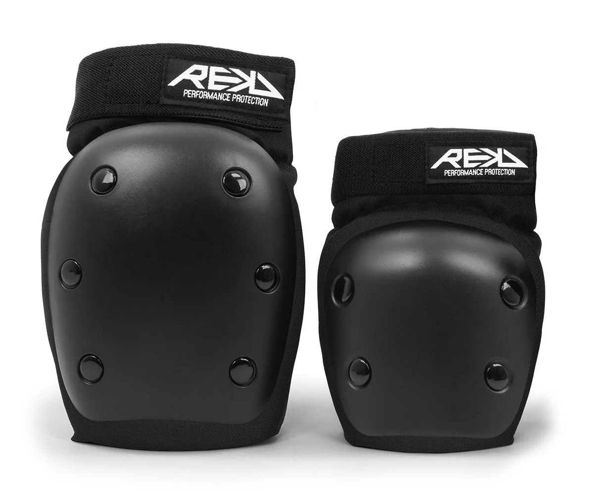Pair of black knee and elbow pads with protective shells and straps, branded 'Rekd Performance Protection'.