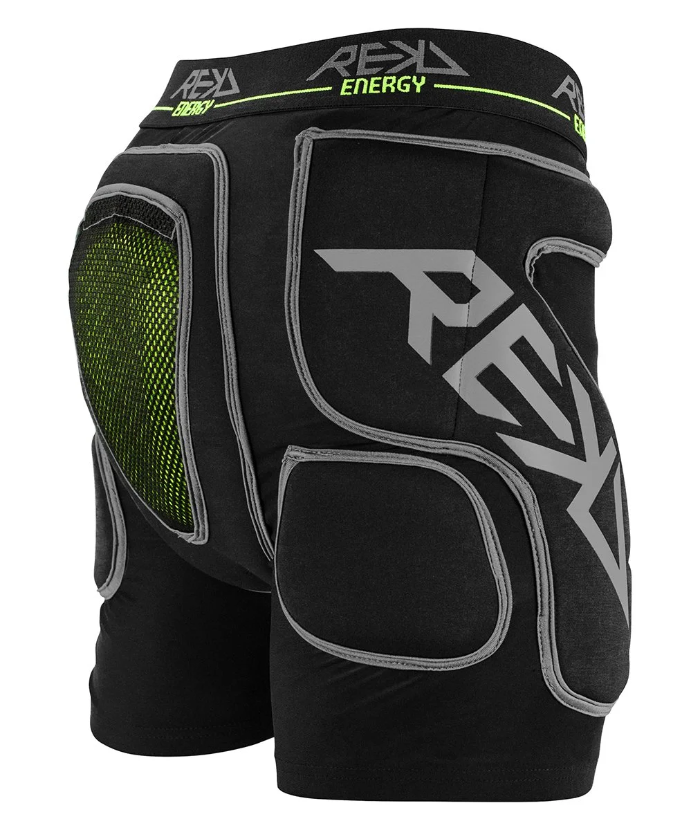 Black sports shorts with gray and neon green accents, featuring the word 'REKD ENERGY' on the waistband and large stylized 'REKD' logo on the side.
