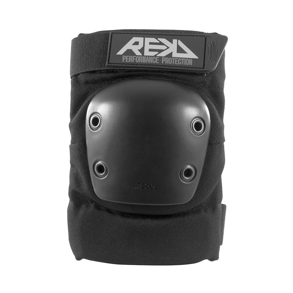 Black protective gear with a padded panel and four rivet holes, labeled 'REKL PERFORMANCE PROTECTION', designed for motorcycle or sport safety gear.