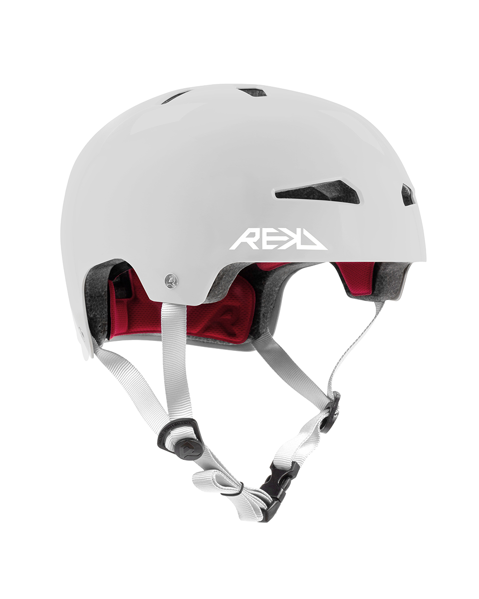 White Elite 2.0 helmet with black ventilation slots and red padded interior.