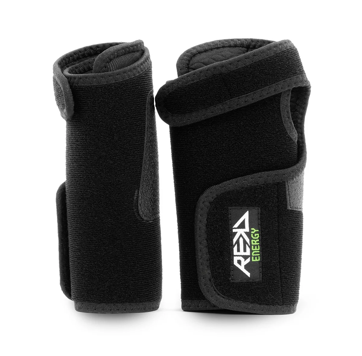 Pair of black wristbands with Velcro closures and REKD Energy logo