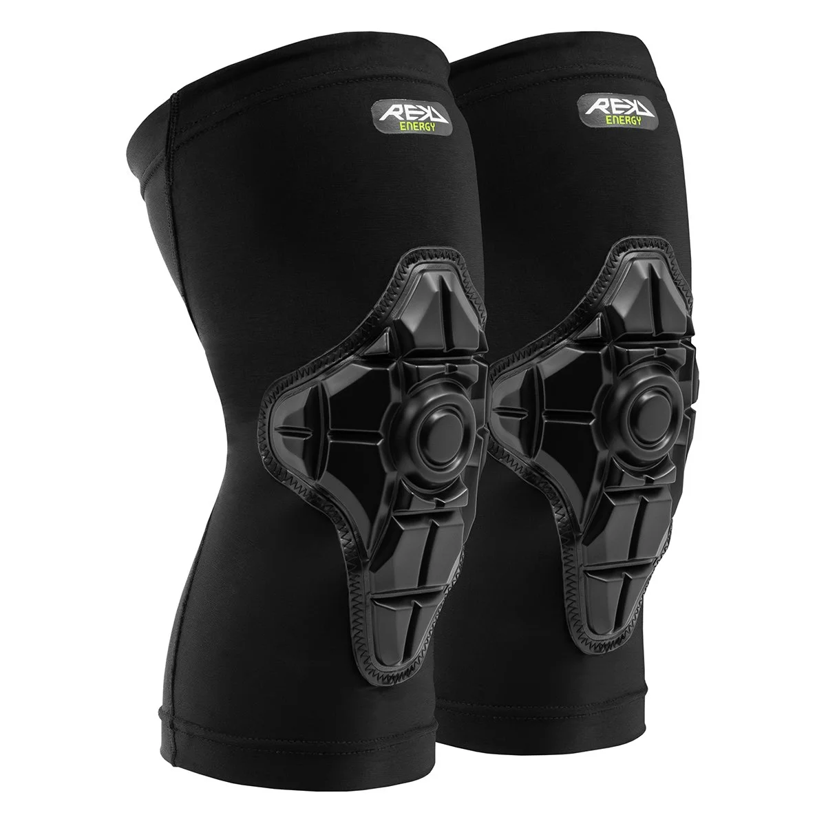 Pair of black knee pads with adjustable straps and protective plastic plates on the front, labeled with REKD ENERGY.