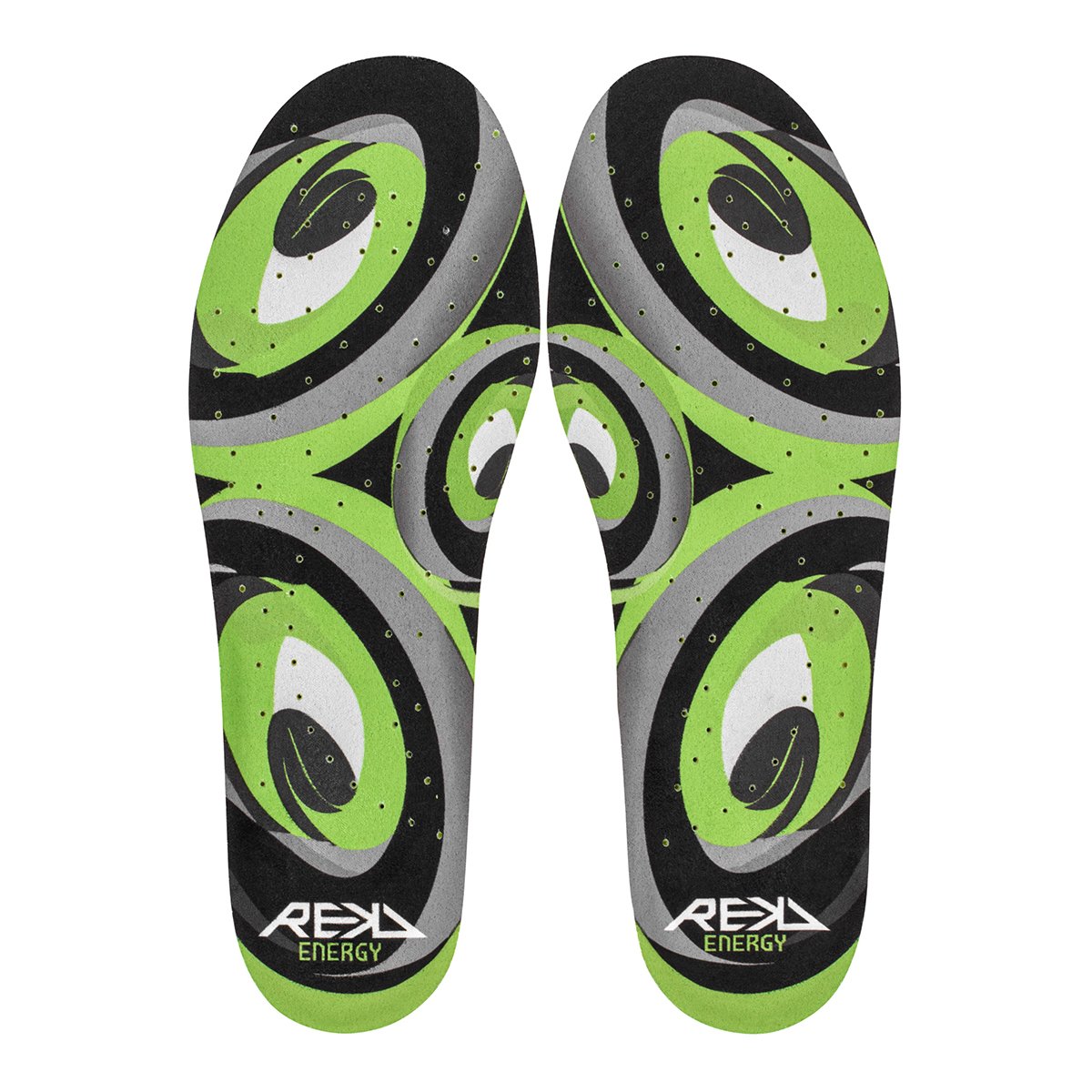 A pair of green, black, gray, and white patterned athletic insoles with the brand name 'REKD ENERGY' printed on the heel area.