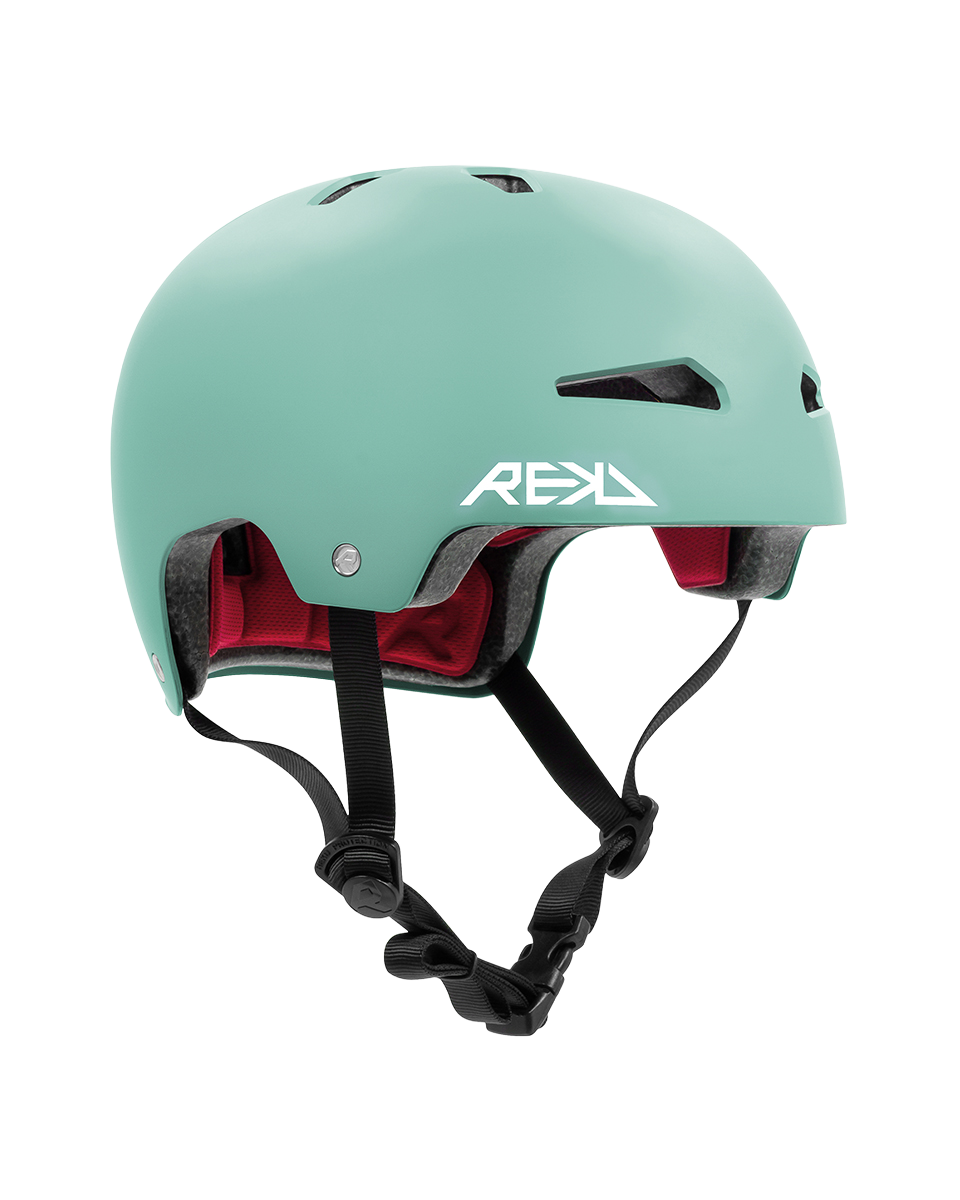 A mint green Elite 2.0 helmet with black straps and a red interior lining.