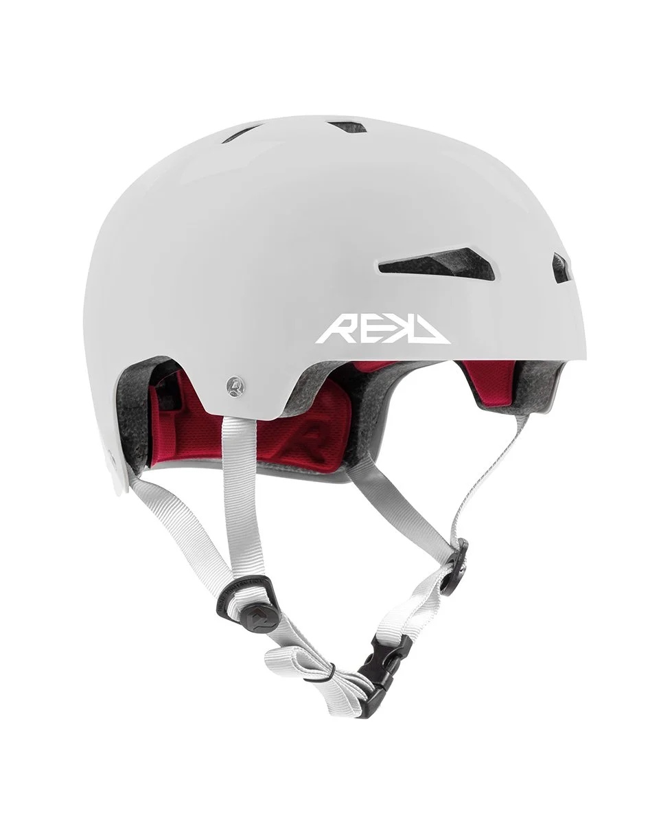 White bicycle helmet with black vents and red interior lining.