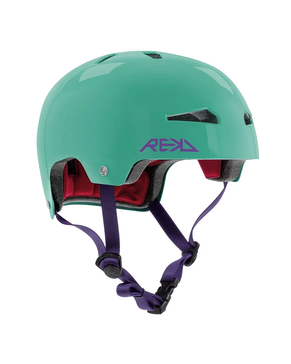 Light teal climbing or safety helmet with purple straps and a red interior padding, branded with the word RED in purple.