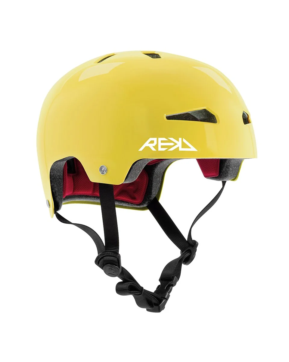 Yellow safety helmet with black straps and red interior padding.
