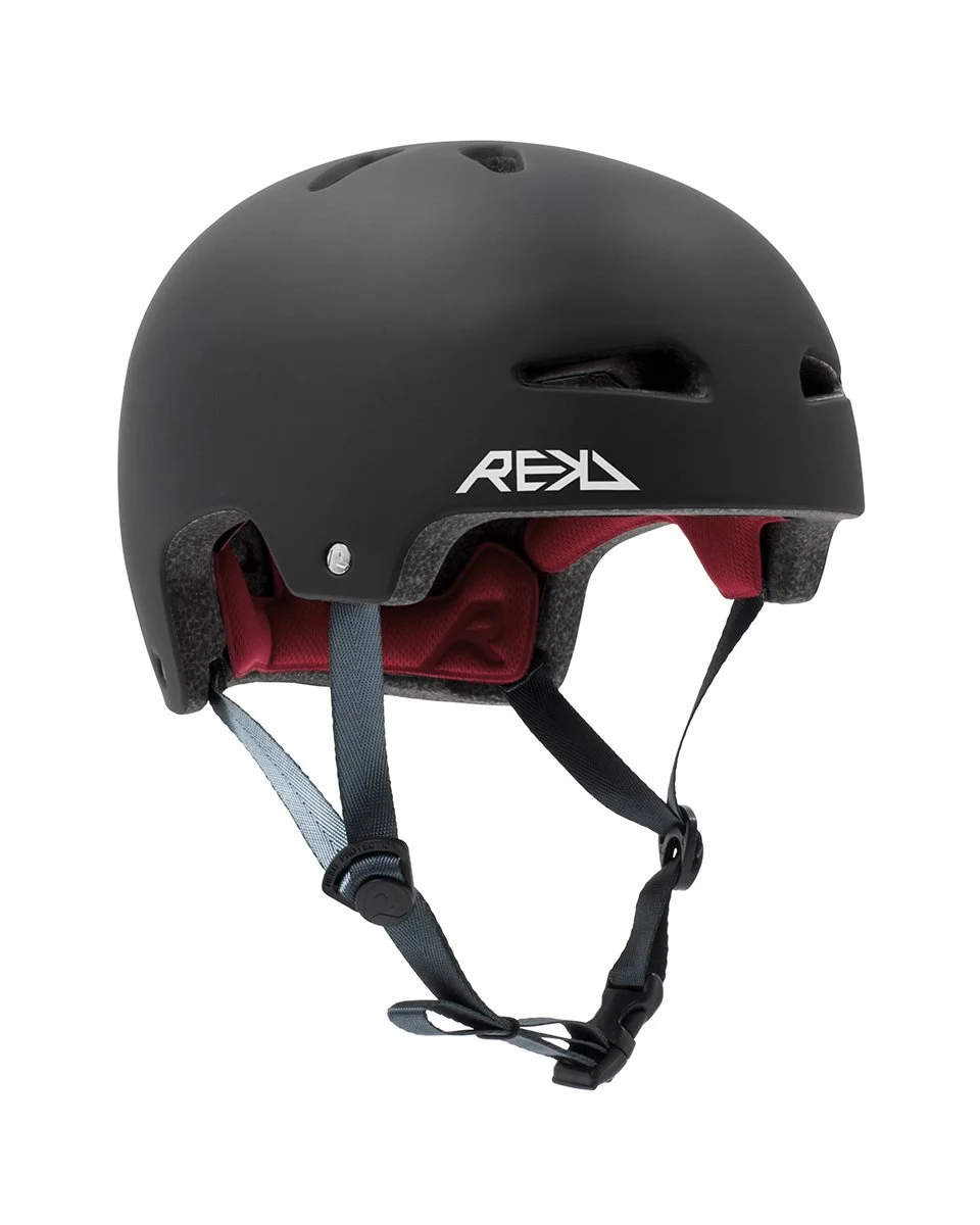 A black safety helmet with adjustable straps and red padding inside, designed for sports or outdoor activities.