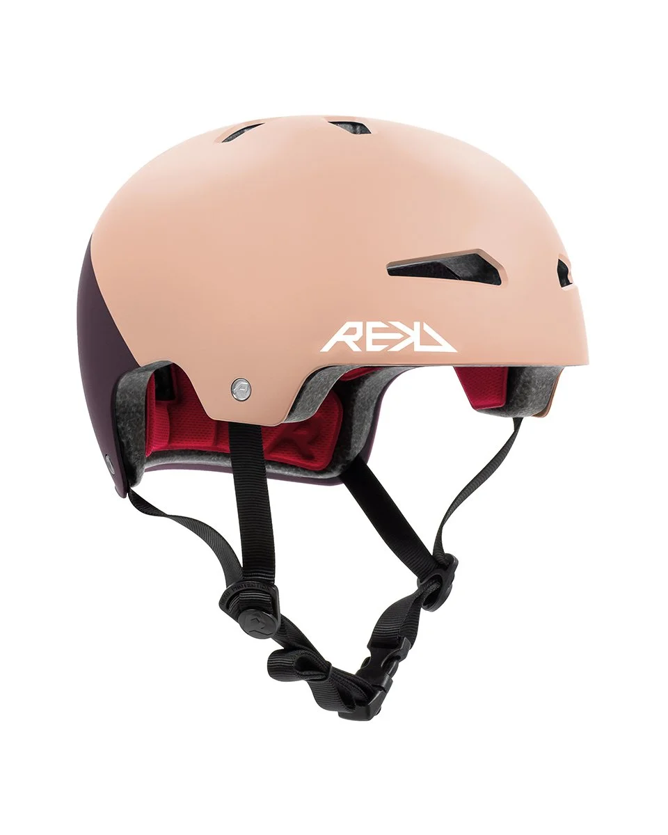 A multi-color bike helmet with a beige top, black sides, and red interior padding, featuring adjustable straps and ventilation slots.