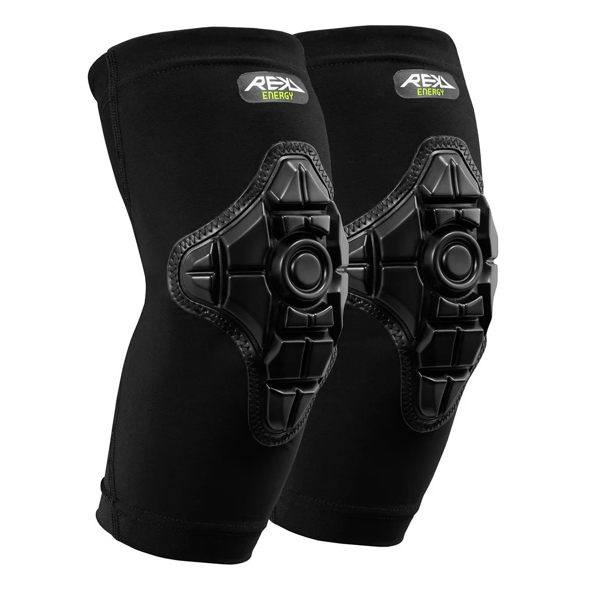 Black knee pads with attached squat support pads labeled 'REKD Energy' on a white background.
