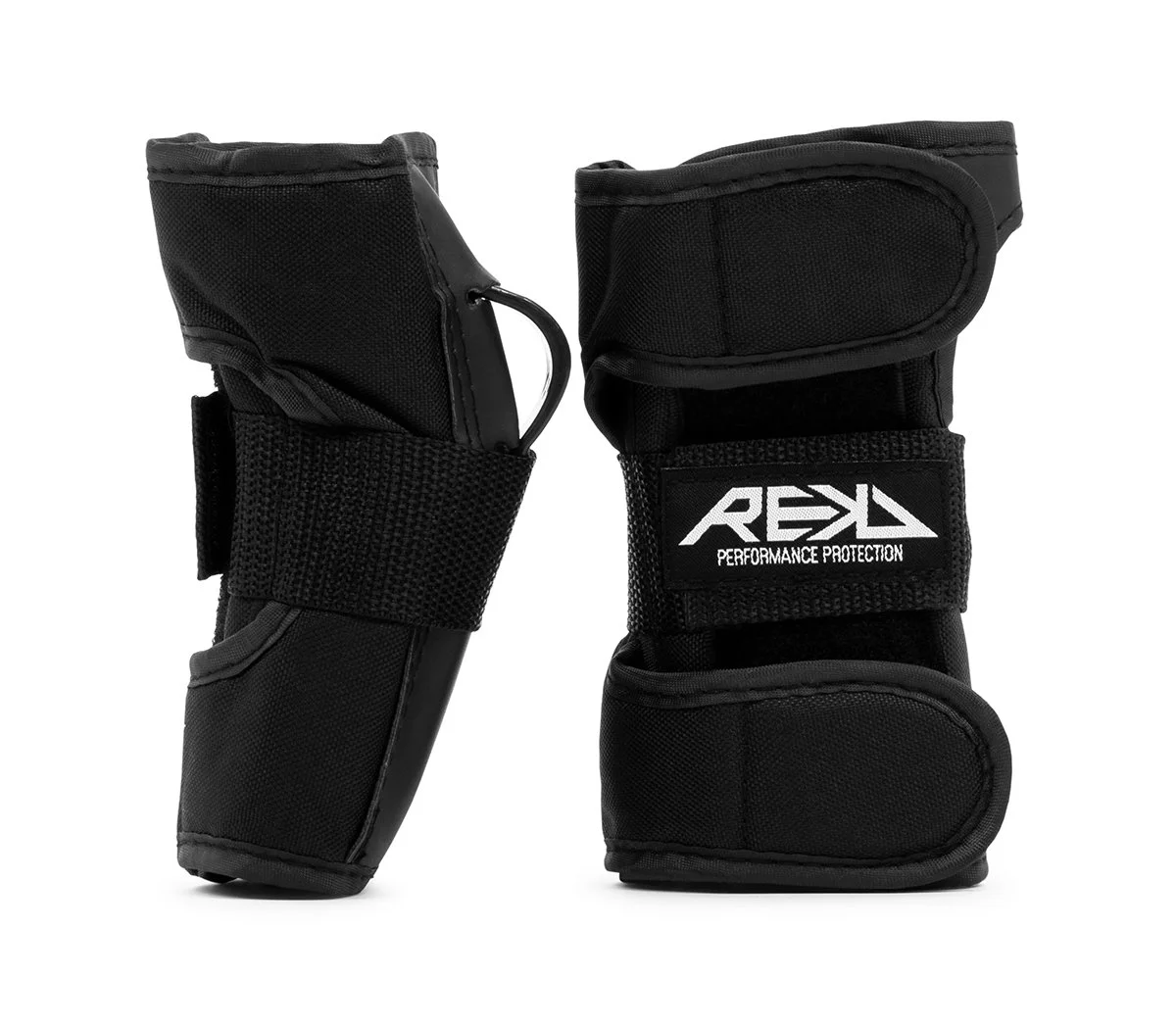 A pair of black wrist guards with adjustable straps, designed for sports protection, with a label that reads "REKD PERFORMANCE PROTECTION."