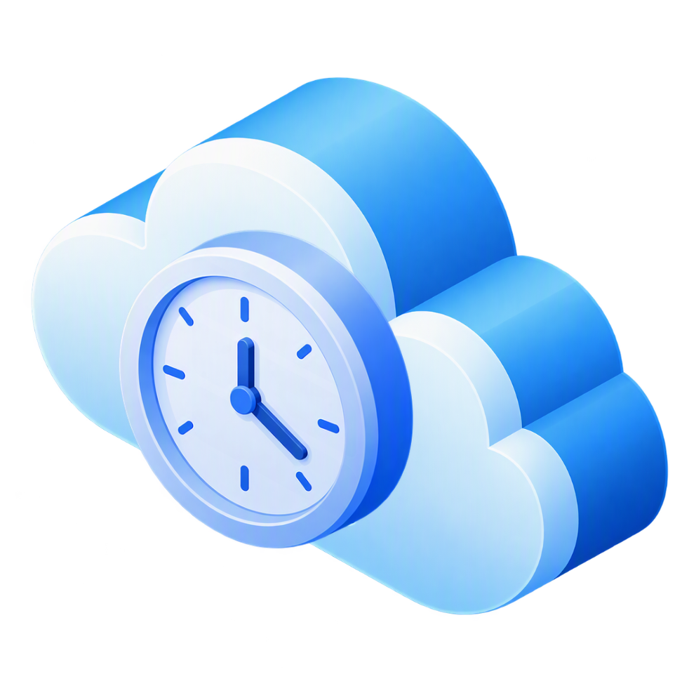 3D blue cloud with a clock face representing cloud-based time or cloud storage synchronization