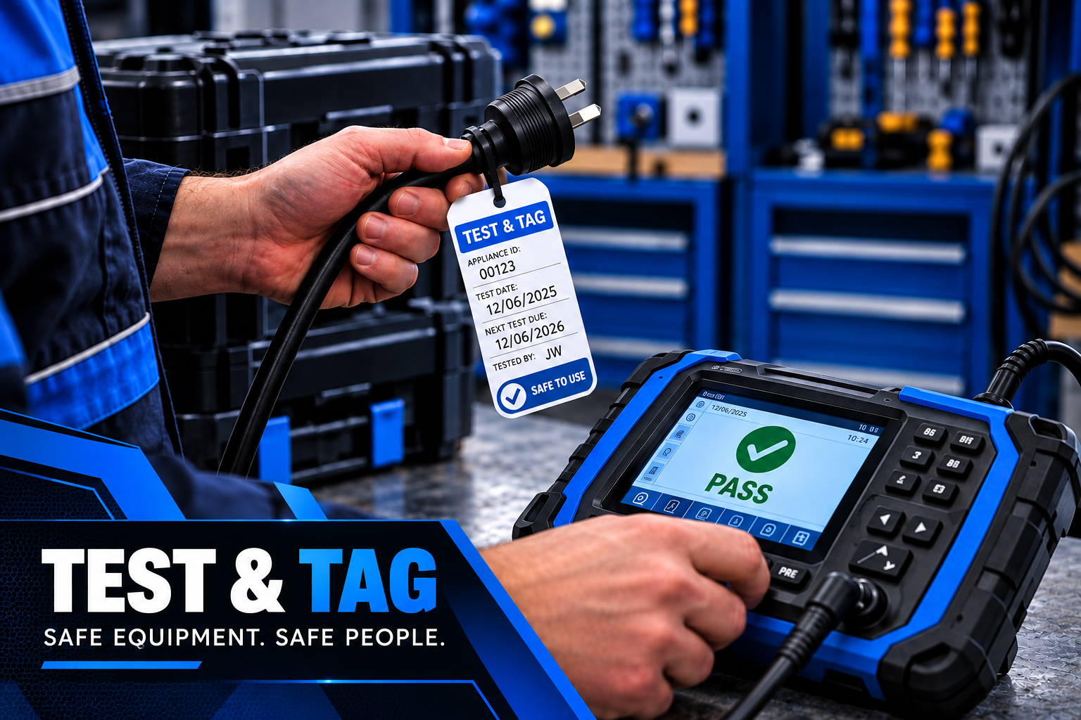 A technician testing and tagging an electrical power cord with a label in an industrial workshop. The screen shows a 'Pass' status, indicating the equipment has passed safety testing.