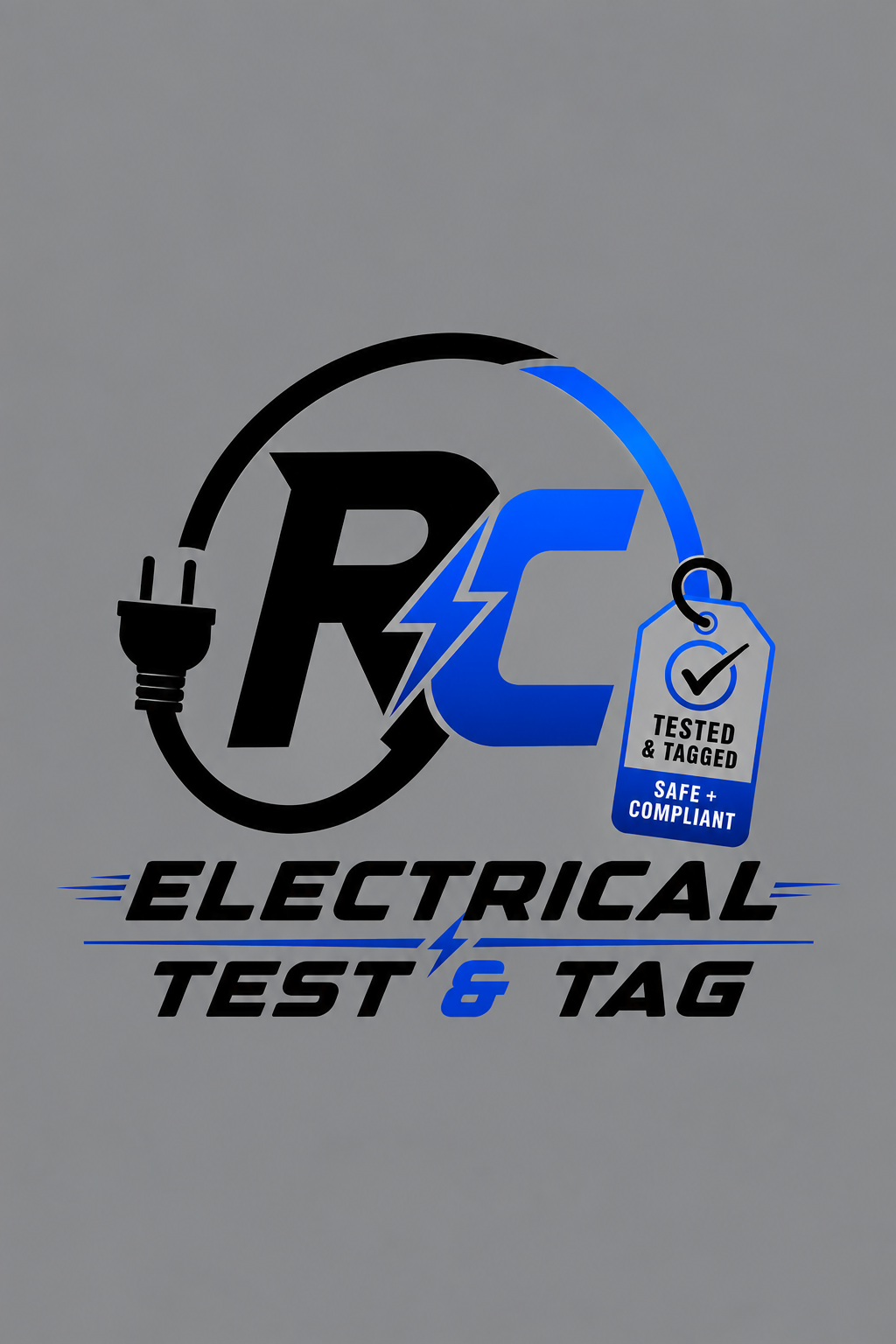 Logo for electrical test and tag service featuring a plug, the letters R and C with a lightning bolt, and a tag that reads "Tested & Tagged" and "Safe + Compliant".