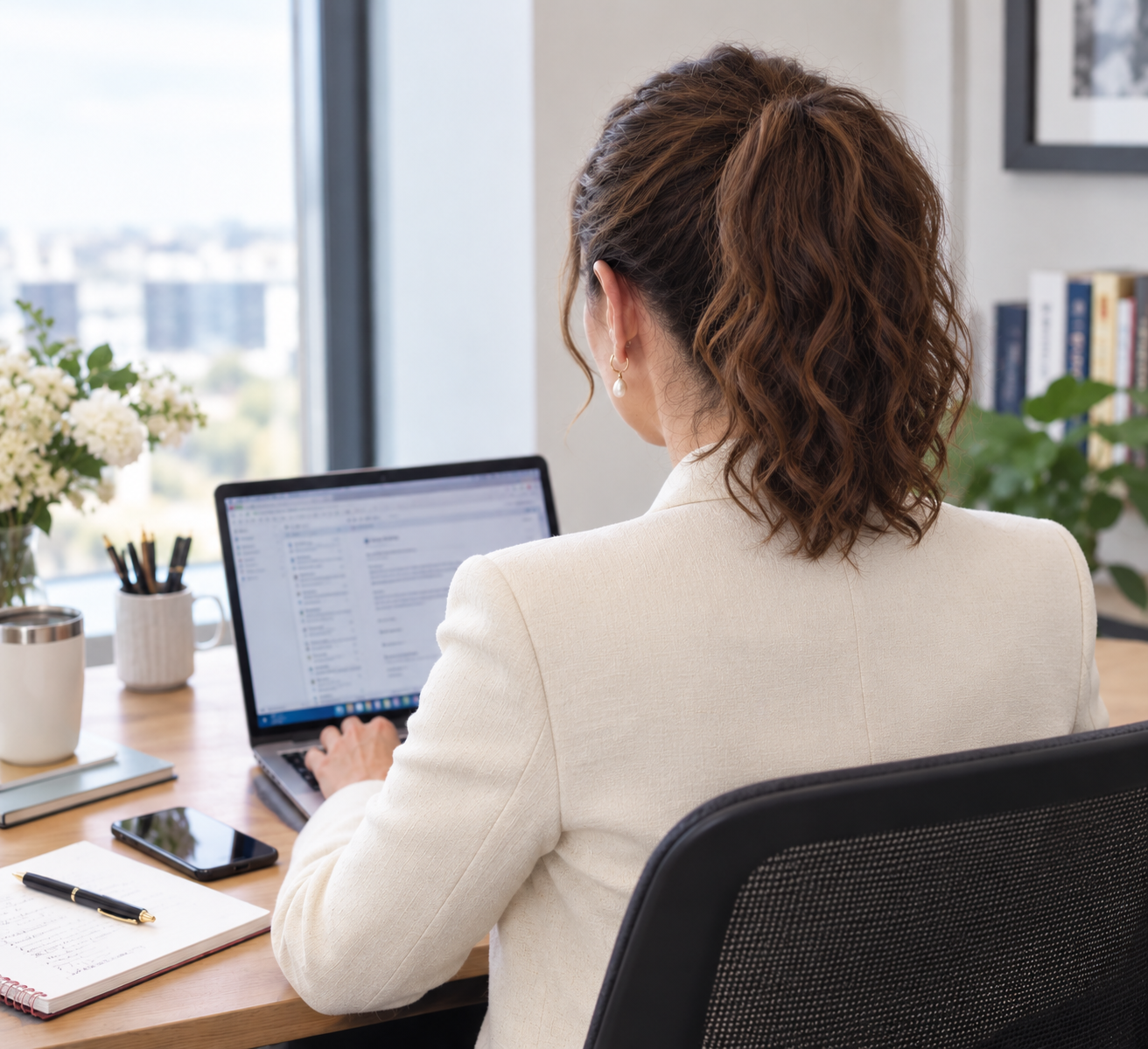 A woman with curly brown hair in a ponytail, wearing a white blazer, sitting at a desk with a laptop, a notebook, a pen, a smartphone, and a flower vase, working in a bright office with a city view.