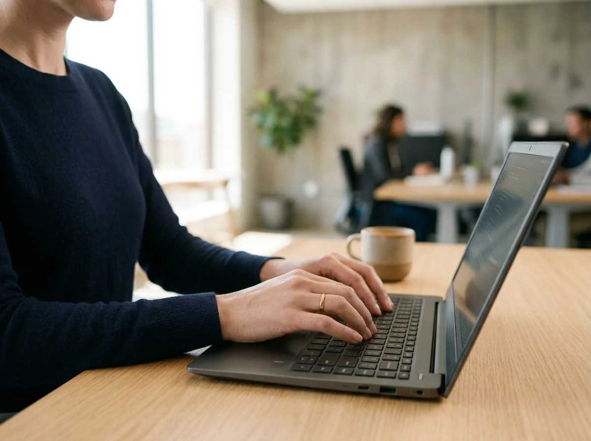 Person typing on a laptop in an office setting with other people working in the background.