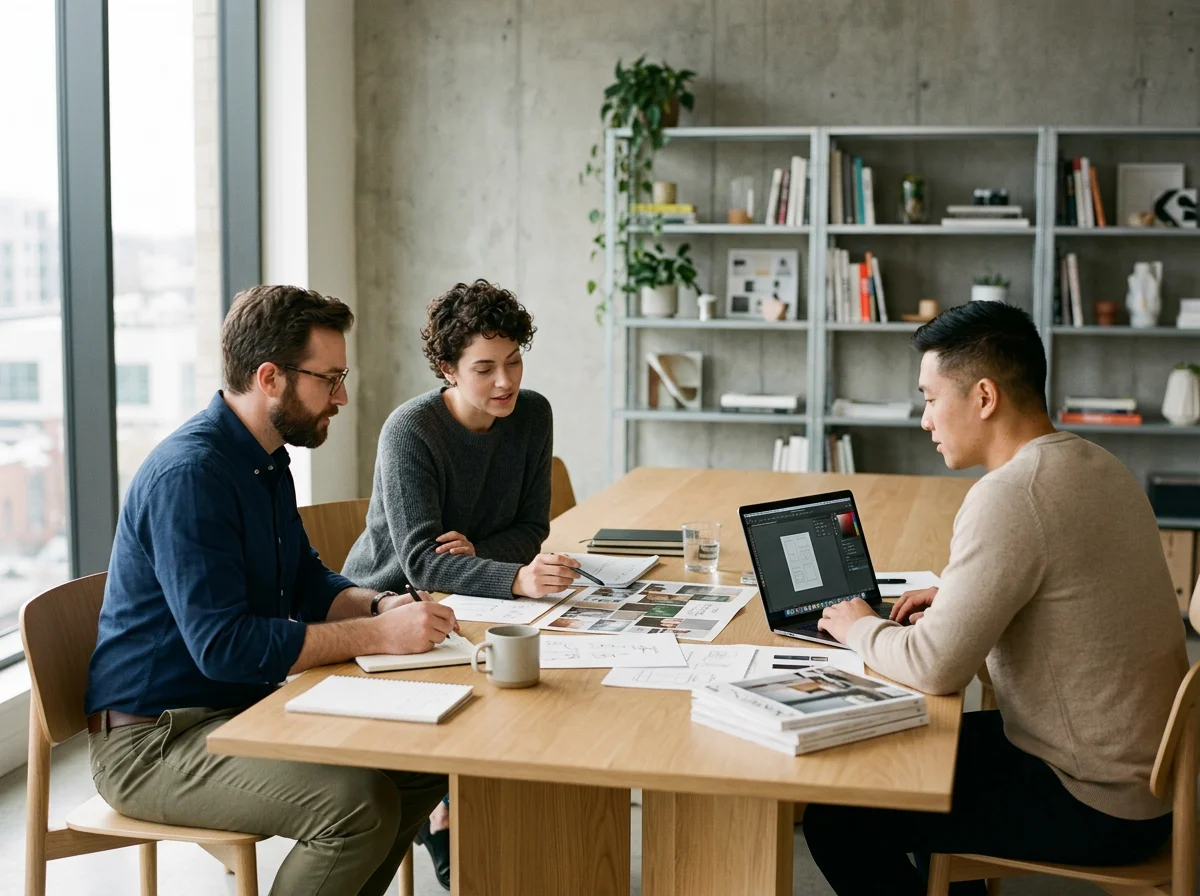 Three people engaged in a discussion around a wooden table in a modern office, with a large window, shelves with books and decorations in the background, and papers, a laptop, and a coffee mug on the table.
