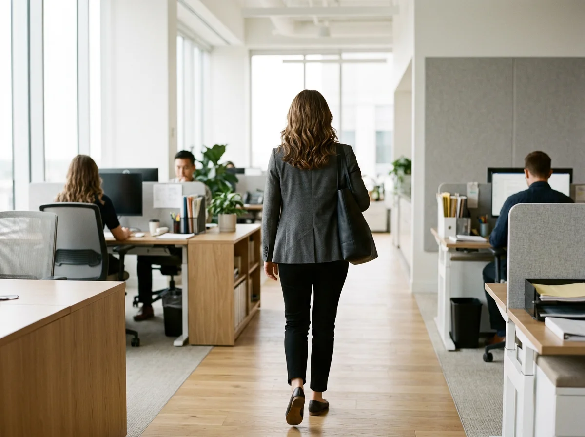 A woman in a gray blazer and black pants walking through an office with colleagues working at desks.