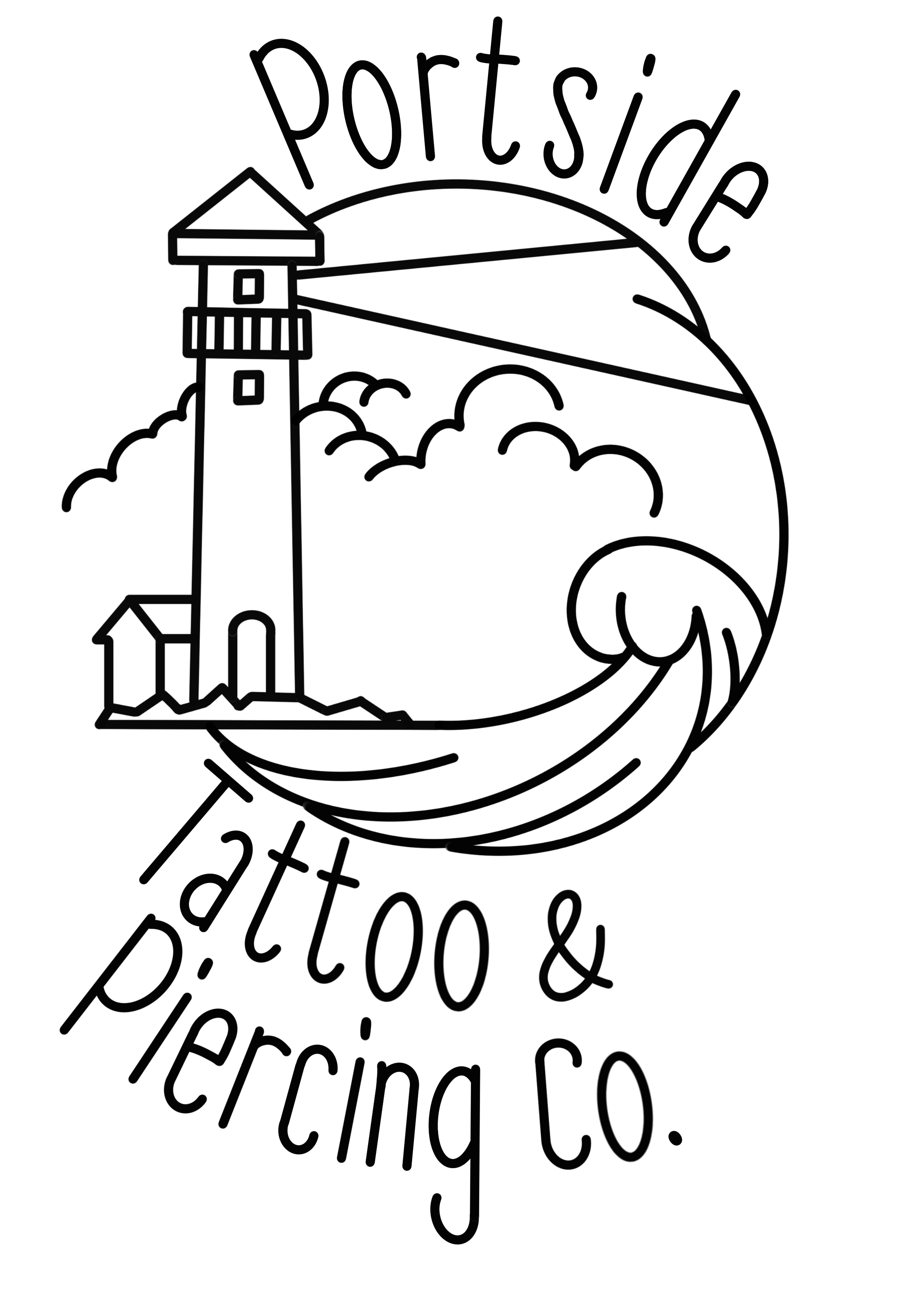 A black-and-white outline drawing of a lighthouse, a small house, and a handwritten style message 'peace & love'.