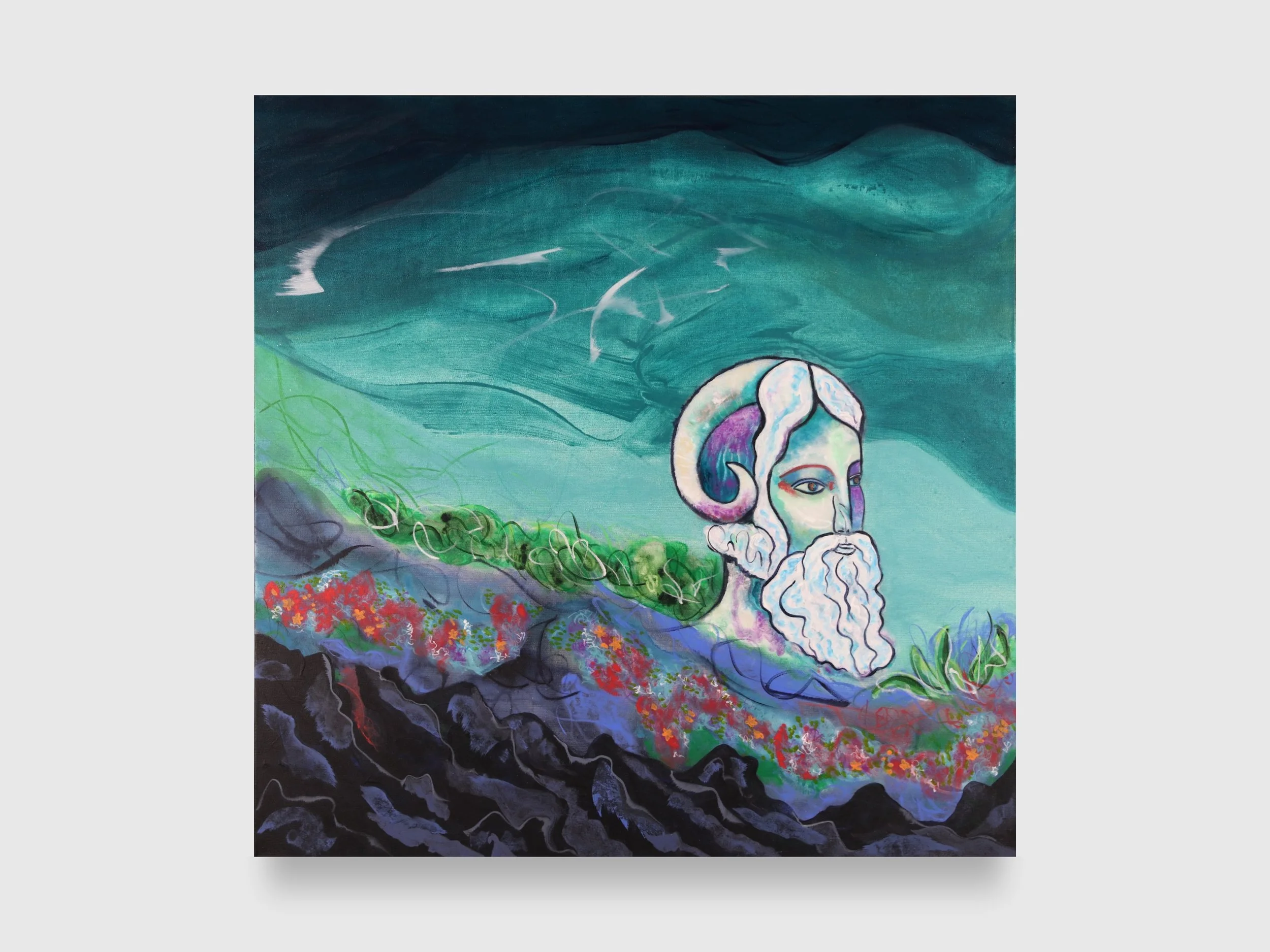 Zeus-Amun Under the Ocean, 2026. Acrylic paint and pearl mica flake on canvas — 36 x 36 x 1.5 in. 