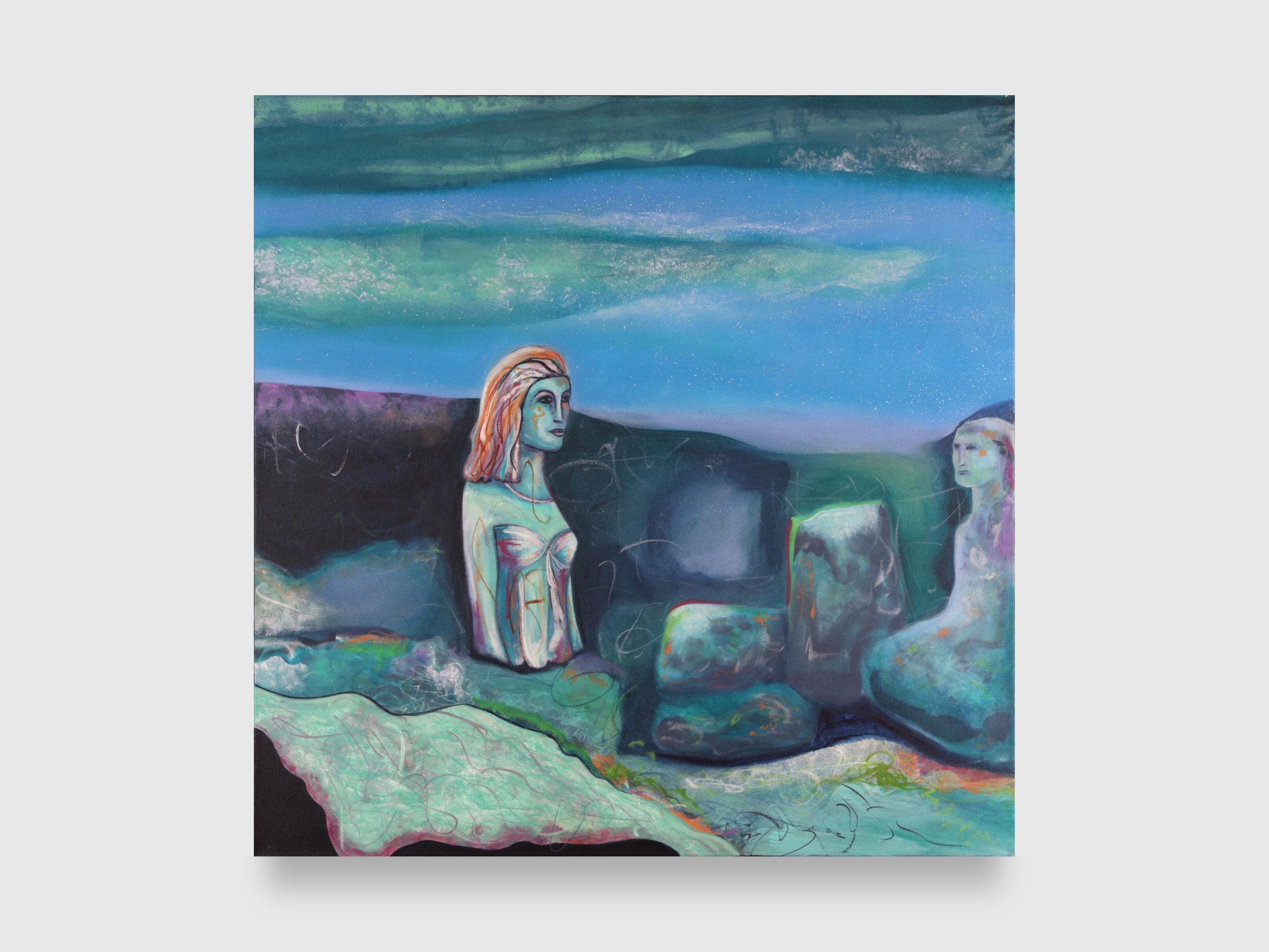 Ptolemaic Queen as Isis Under the Ocean, 2025. Acrylic paint, iridescent tint and pearl mica flake on canvas — 36 x 36 x 1.5 in.
