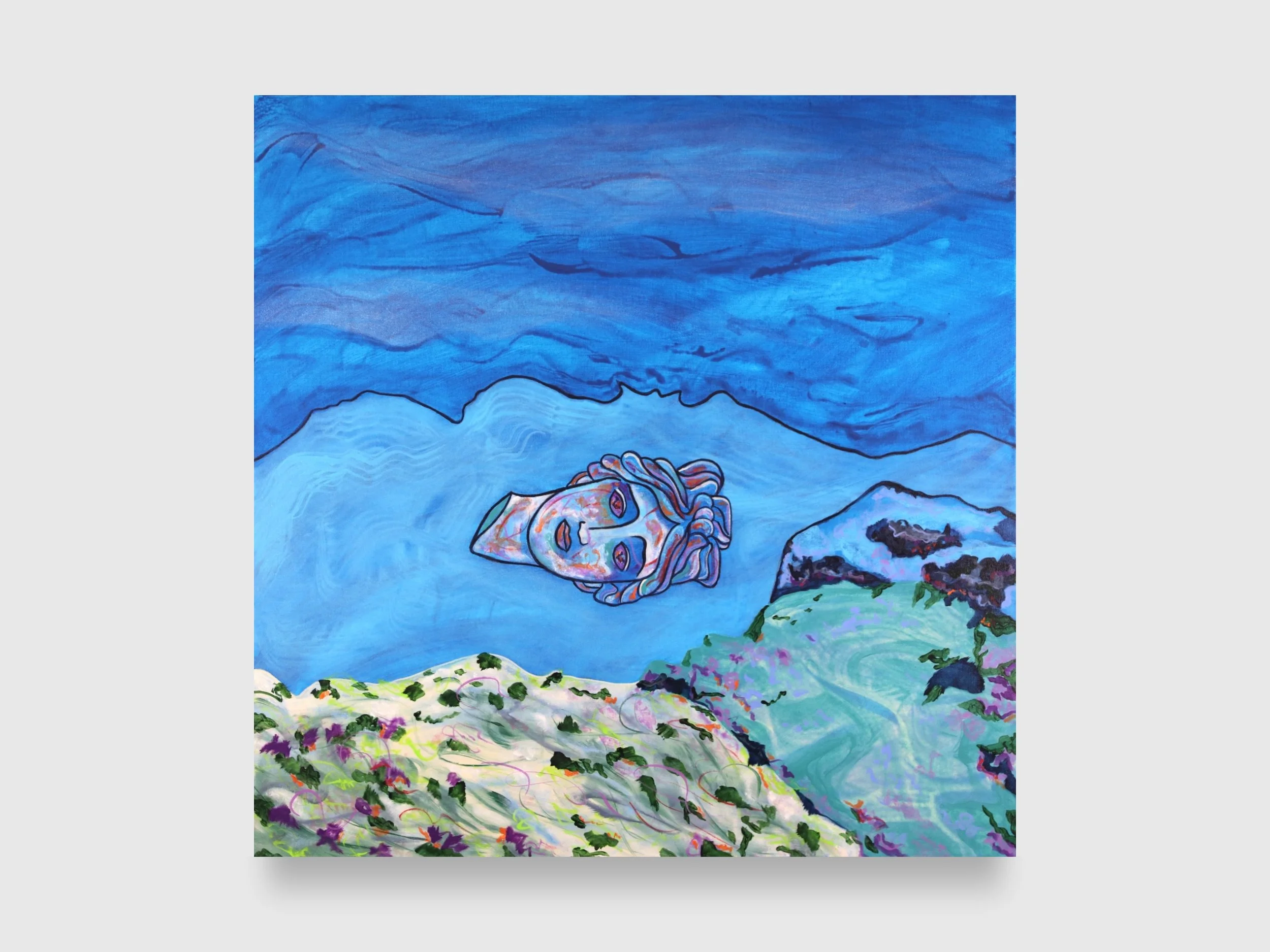Apollo Under the Ocean, 2026. Acrylic paint and iridescent tint — 36 x 36 x 2.5 in.