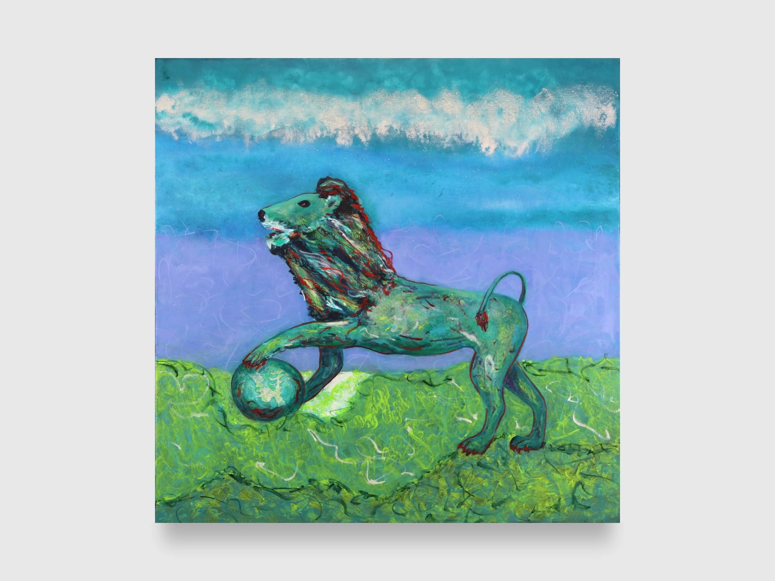 Lion Under the Ocean, 2026. Acrylic paint, iridescent tint and pearl mica flake on canvas — 36 x 36 x 1.5 in.