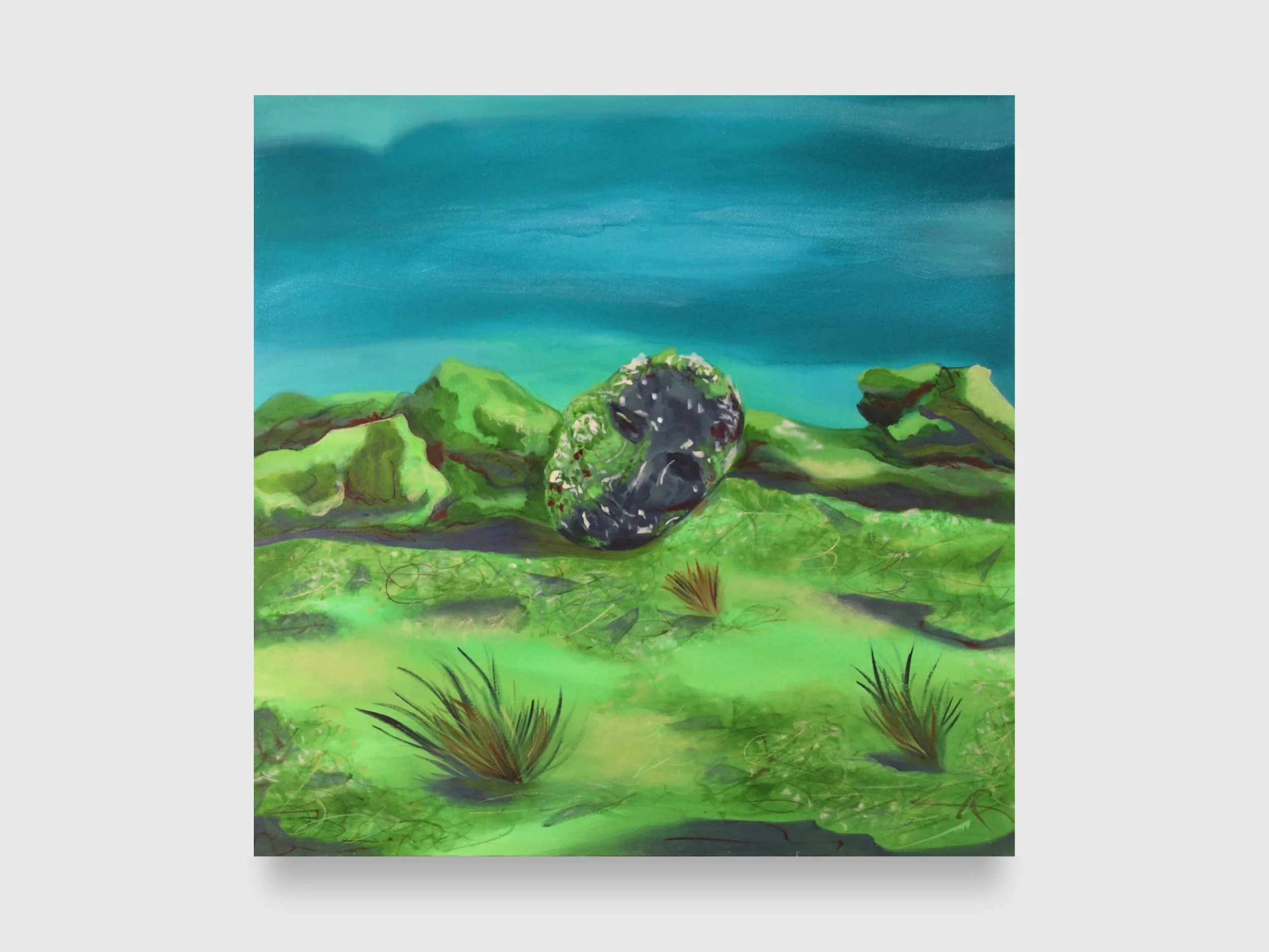 Priest Under the Ocean, 2024. Acrylic paint and iridescent tint on canvas — 36 x 36 x 1.5 in.