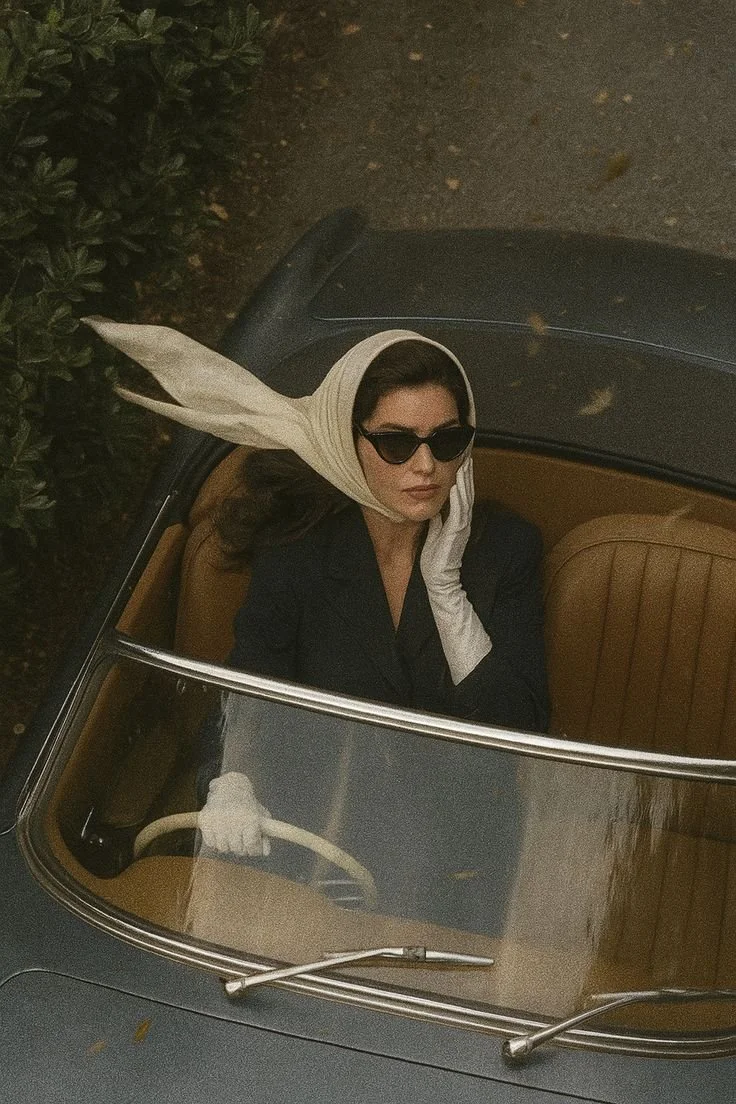 Elegant woman wearing headscarf driving a vintage car