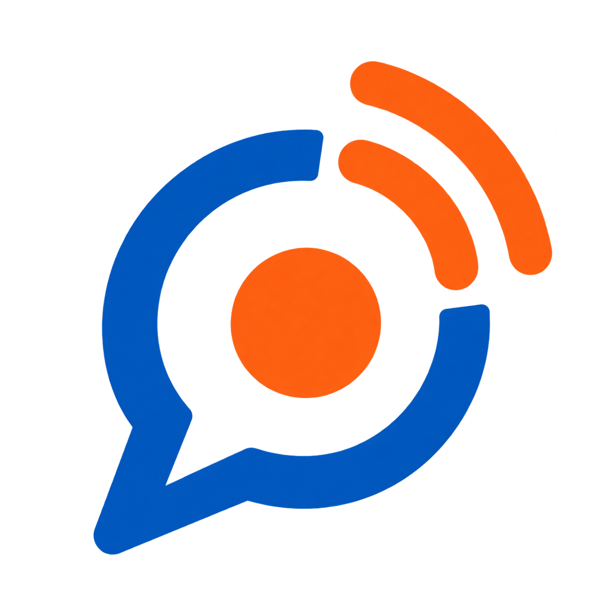 A stylized globe with a blue speech bubble surrounding it, and two orange Wi-Fi signal bars above it.