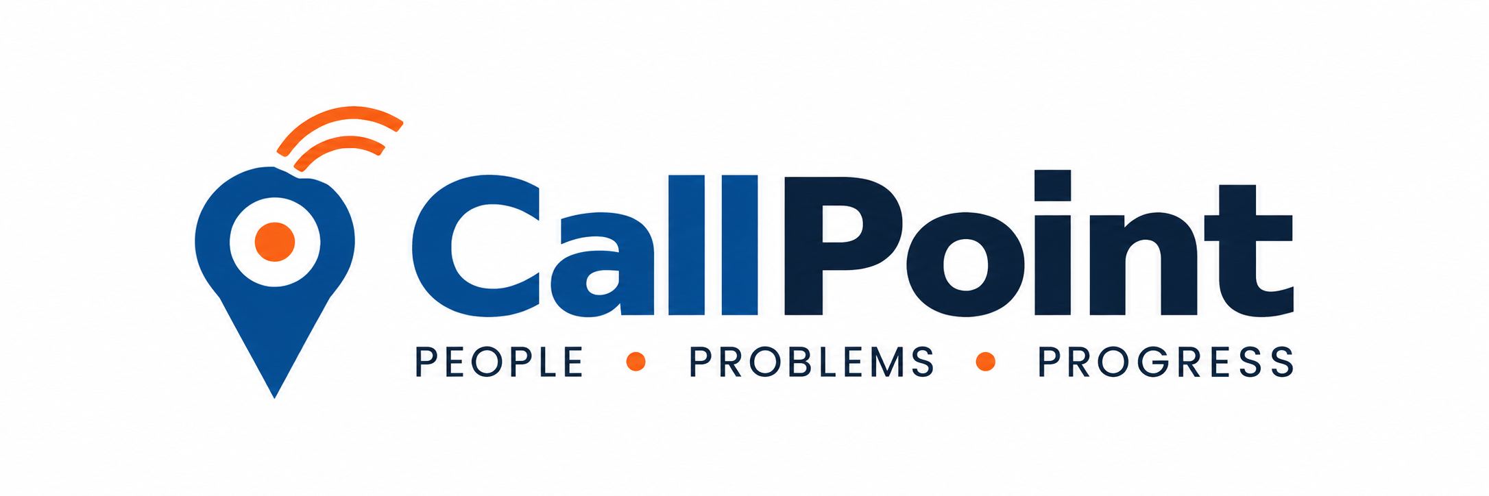 CalPoint logo with a blue location pin and an orange Wi-Fi symbol above it. Text reads 'CalPoint' with the tagline 'People Problems Progress' underneath, separated by orange dots.