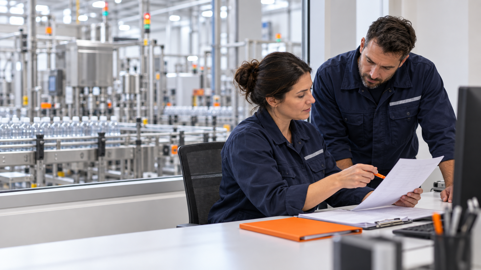 Two workers in blue uniforms working in a modern industrial plant with metal machinery and bottles in the background, discussing documents at a desk.