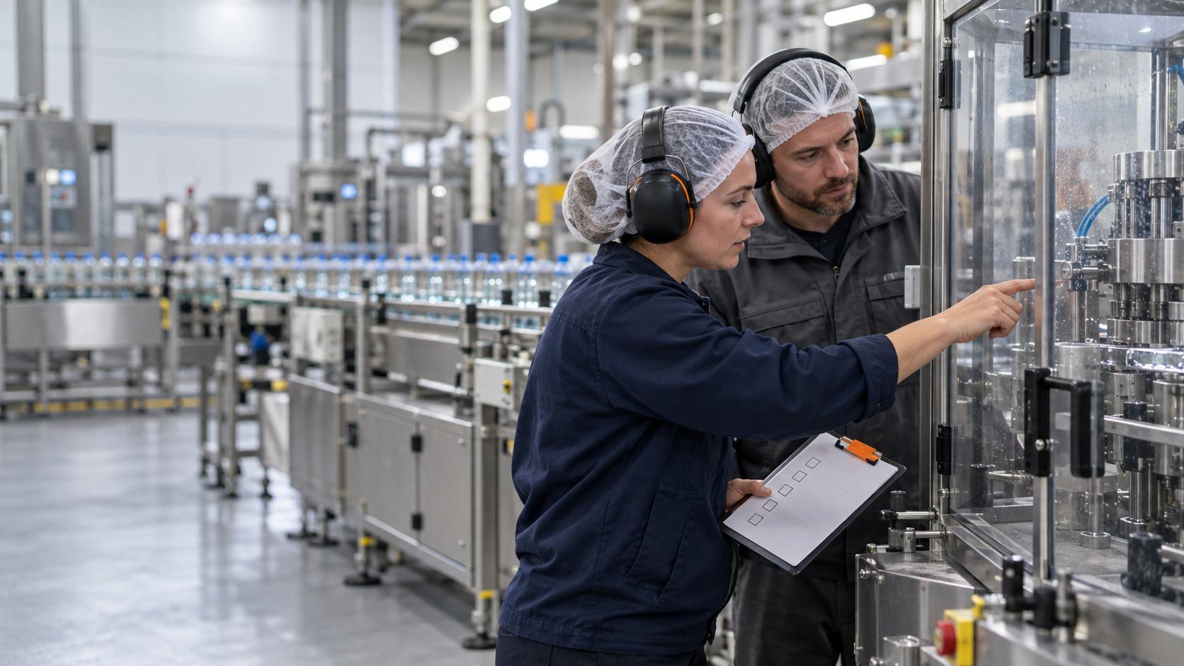 Two factory workers wearing hairnets, ear protection, and work uniforms inspect machinery in a manufacturing facility.