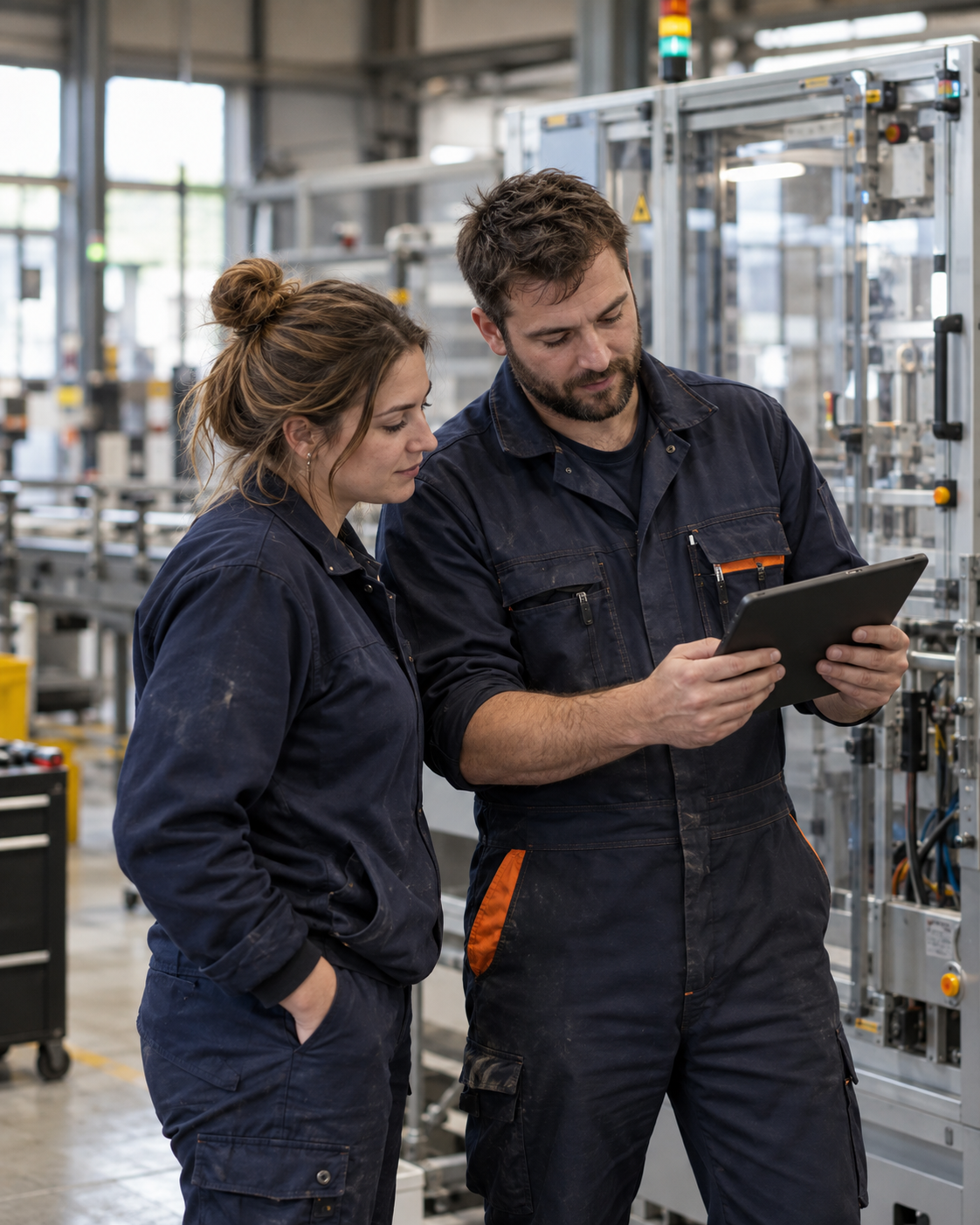 Two factory workers, a man and a woman, inspecting equipment with a tablet in an industrial setting.