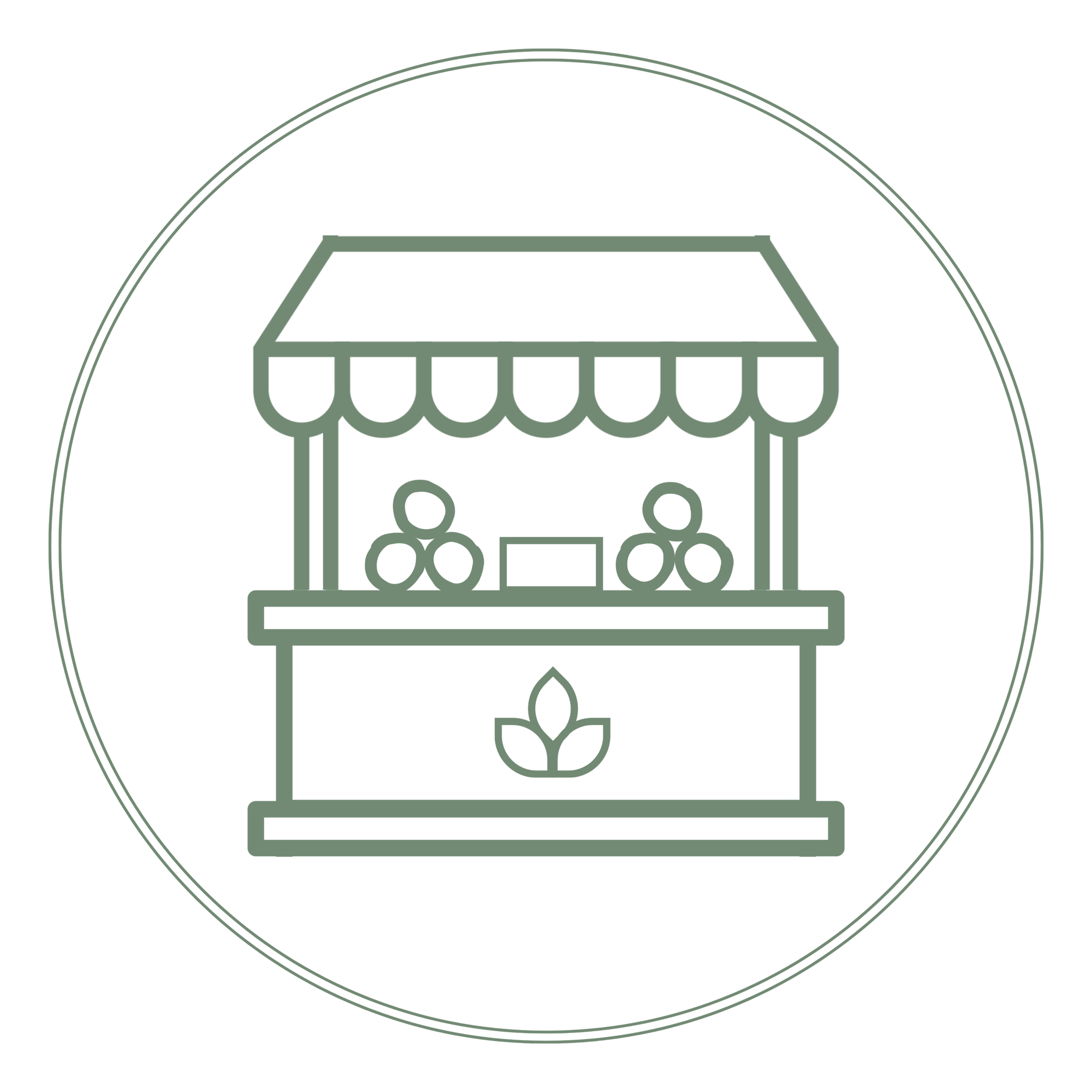 Line drawing of a storefront with a canopy, two large circular windows, and a central door, inside a circular border.